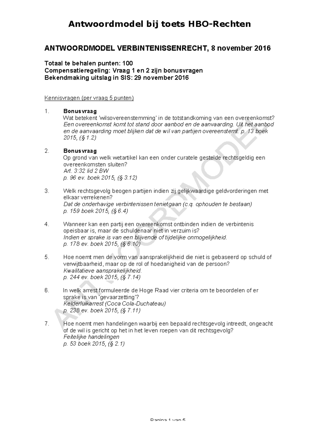 Tentamen 8 November 2016, Vragen En Antwoorden - ANTWOORDMODEL ...