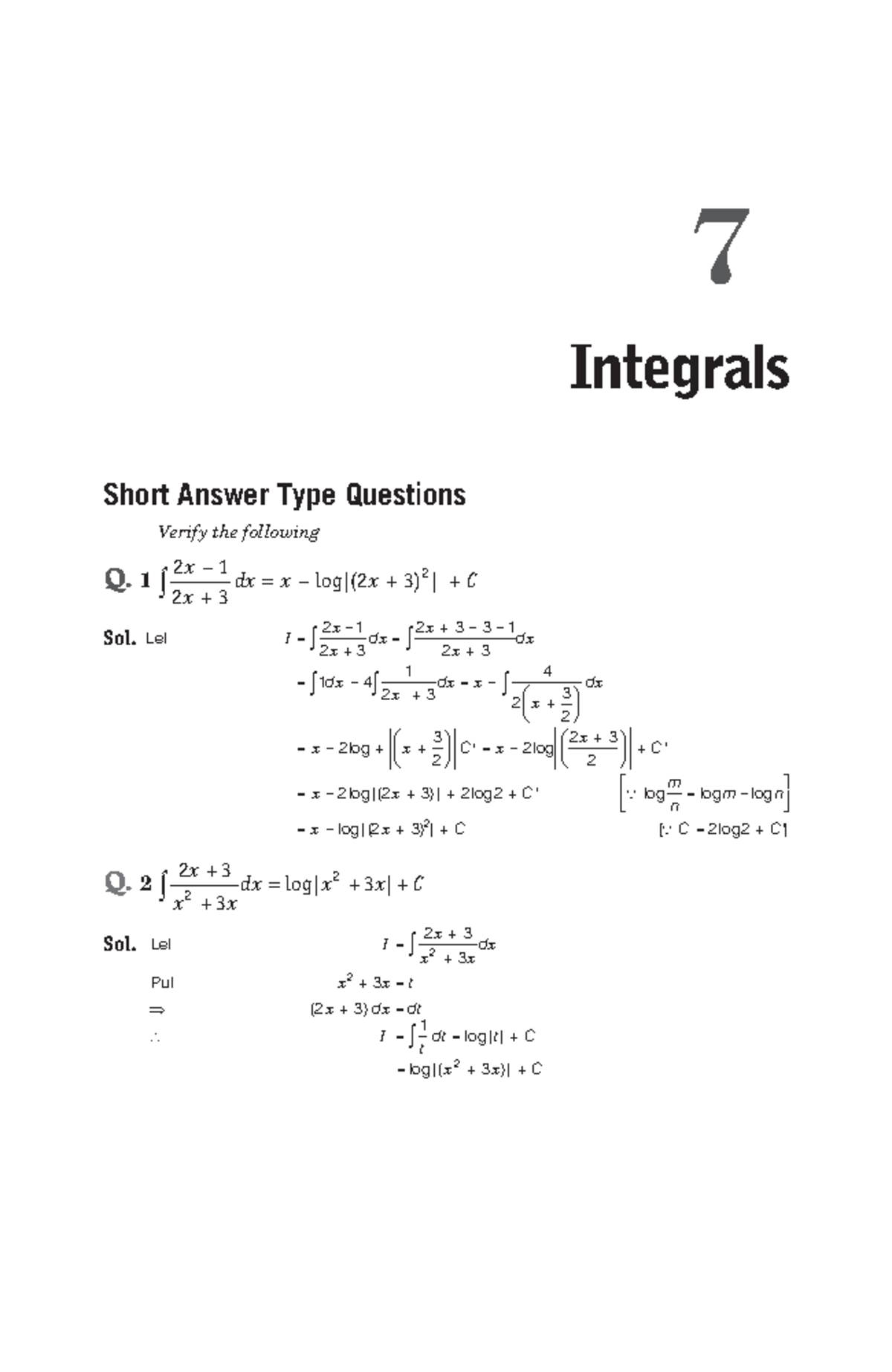 Integrals Exemplar - 7 Short Answer Type Questions ####### Verify the ...