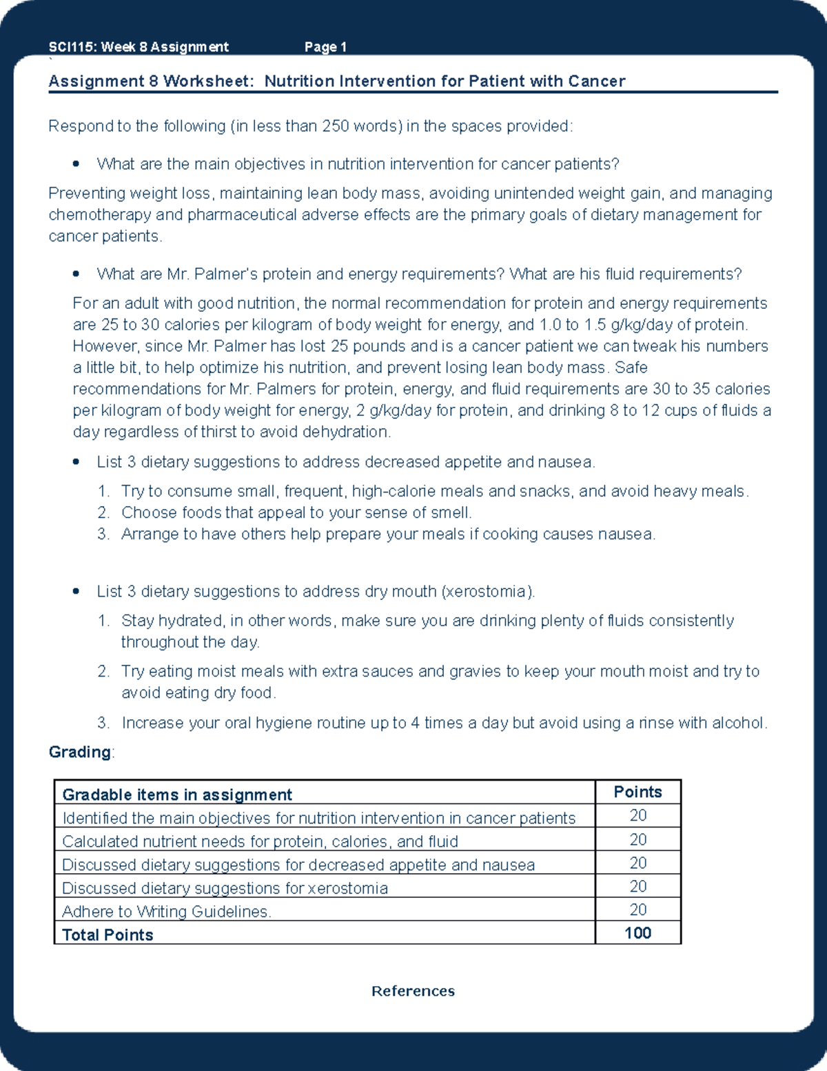 week 8 assignment worksheet nutrition intervention for patient with cancer