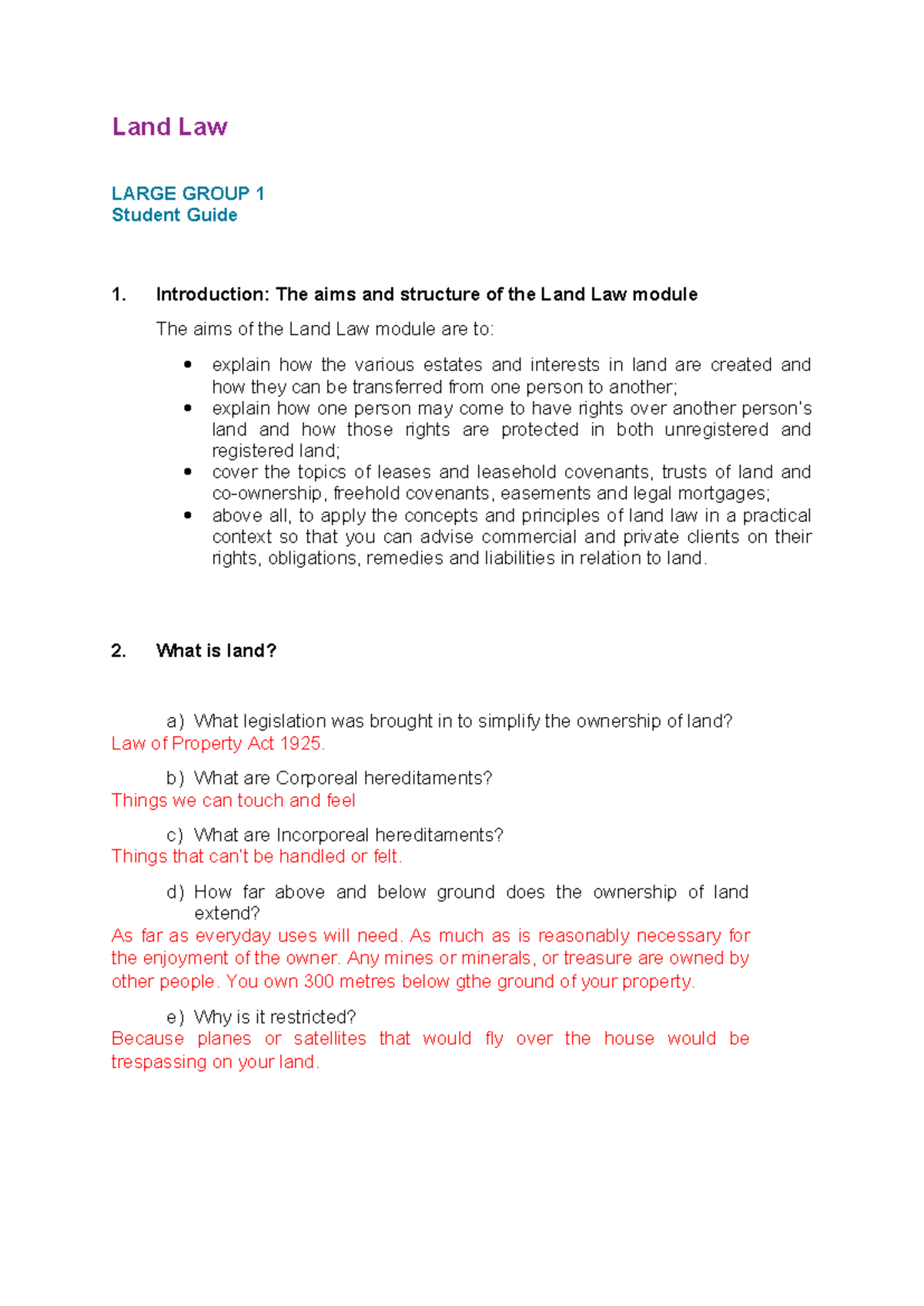 lecture notes from student guide one. - Land Law LARGE GROUP 1 Student ...