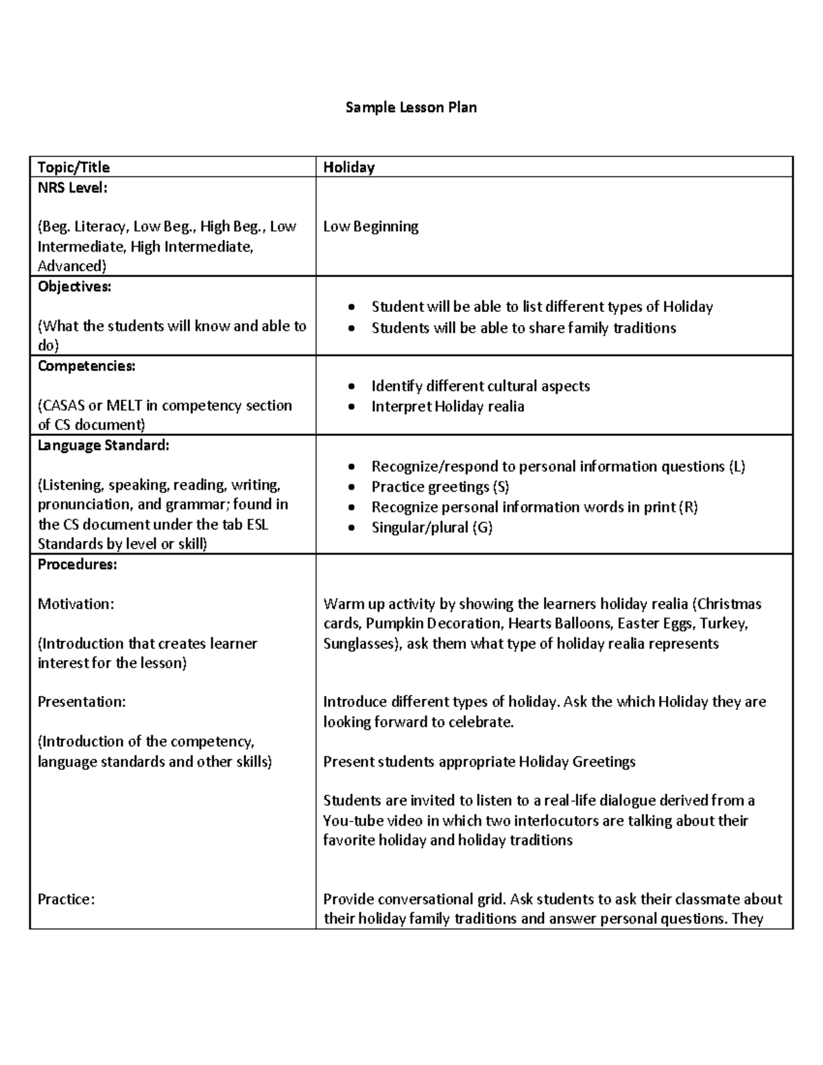 Module 4- Tesol Course - Sample Lesson Plan Topic/Title Holiday NRS ...