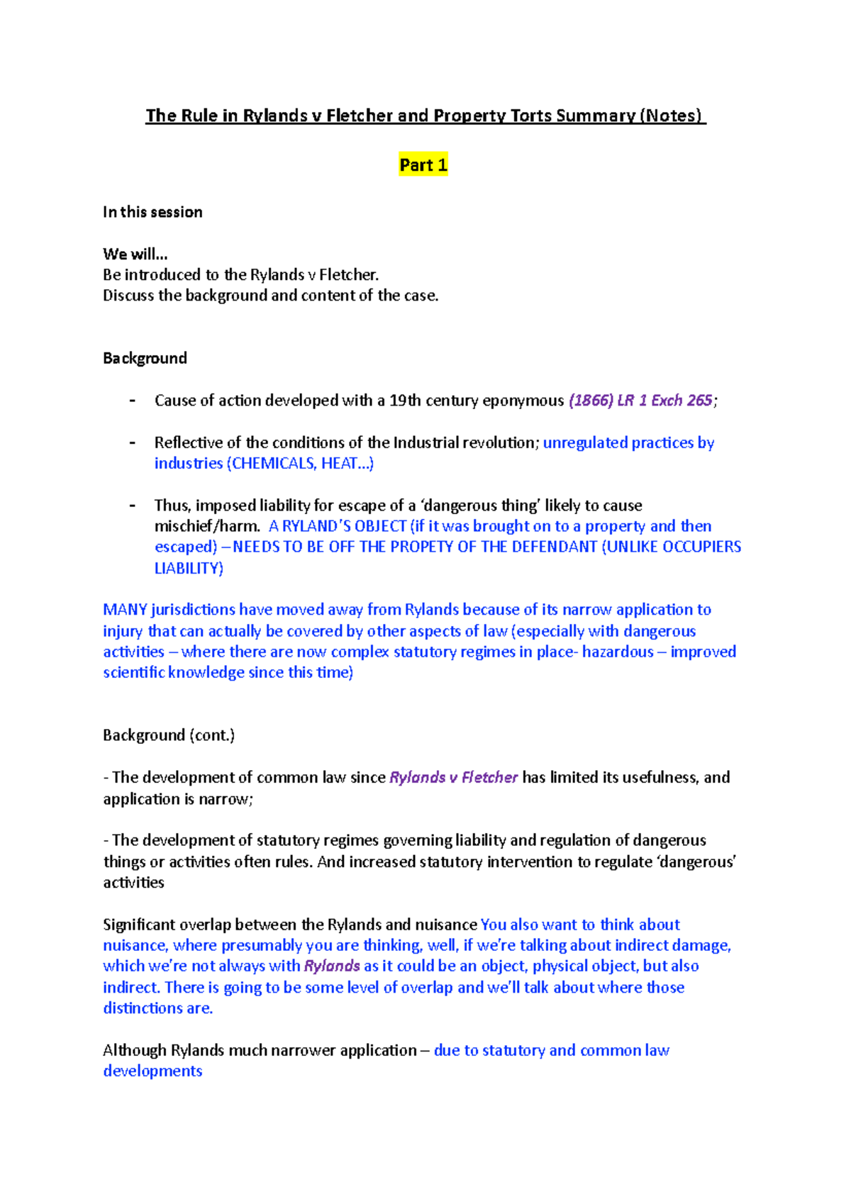 The Rule in Rylands v Fletcher and Property Torts Summary (Notes ...