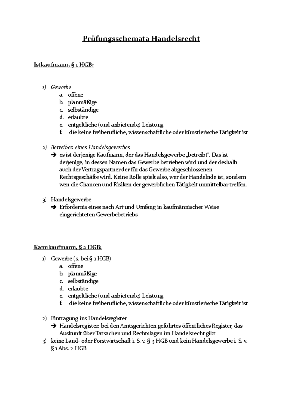 Handelsrecht Schemata - Prüfungsschemata Handelsrecht Istkaufmann, § 1 ...