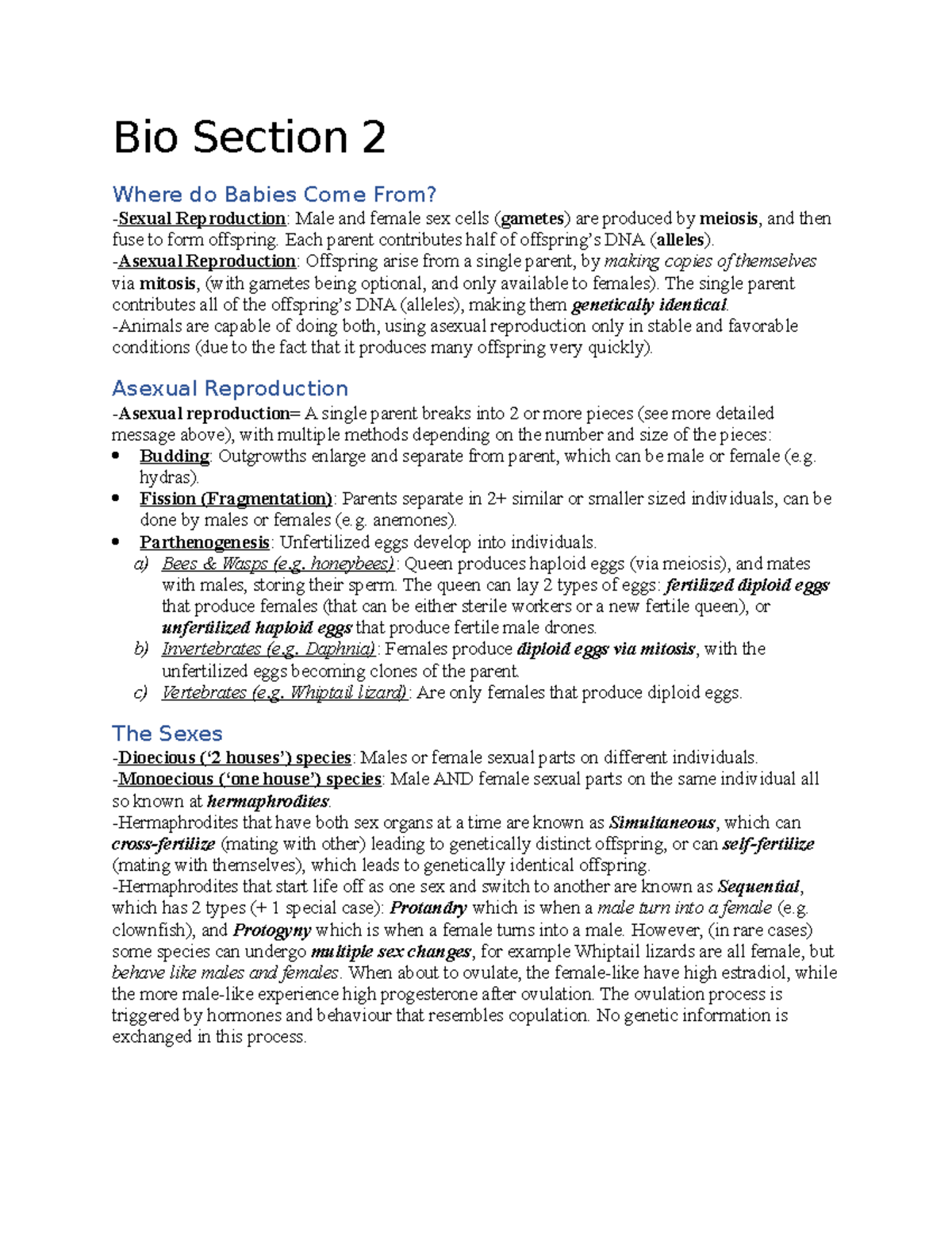 Bio Section 2 - BIO1030 lecture portion notes - Bio Section 2 Where do ...