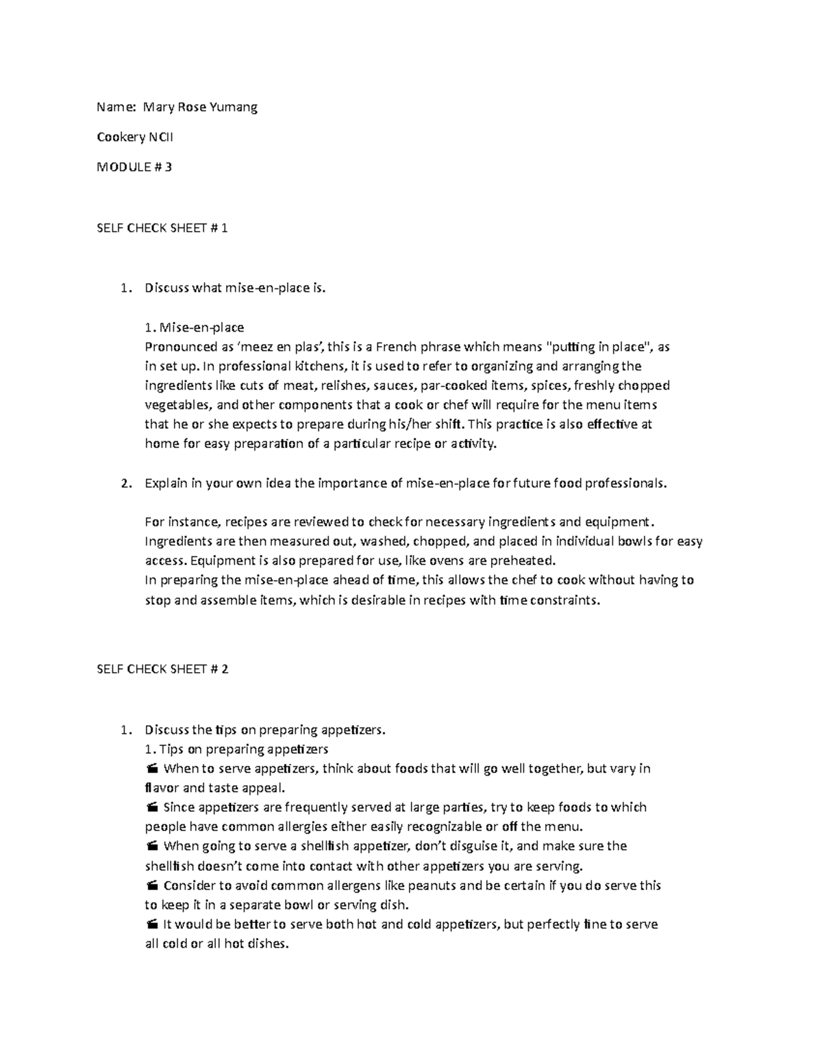 Module 3 answers - Moldues - Name: Mary Rose Yumang Cookery NCII MODULE ...