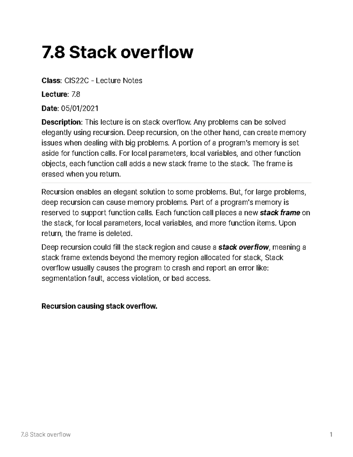 7.8 Stack Overflow - 7 Stack Overflow 1 7 Stack Overflow Class : CIS22C ...