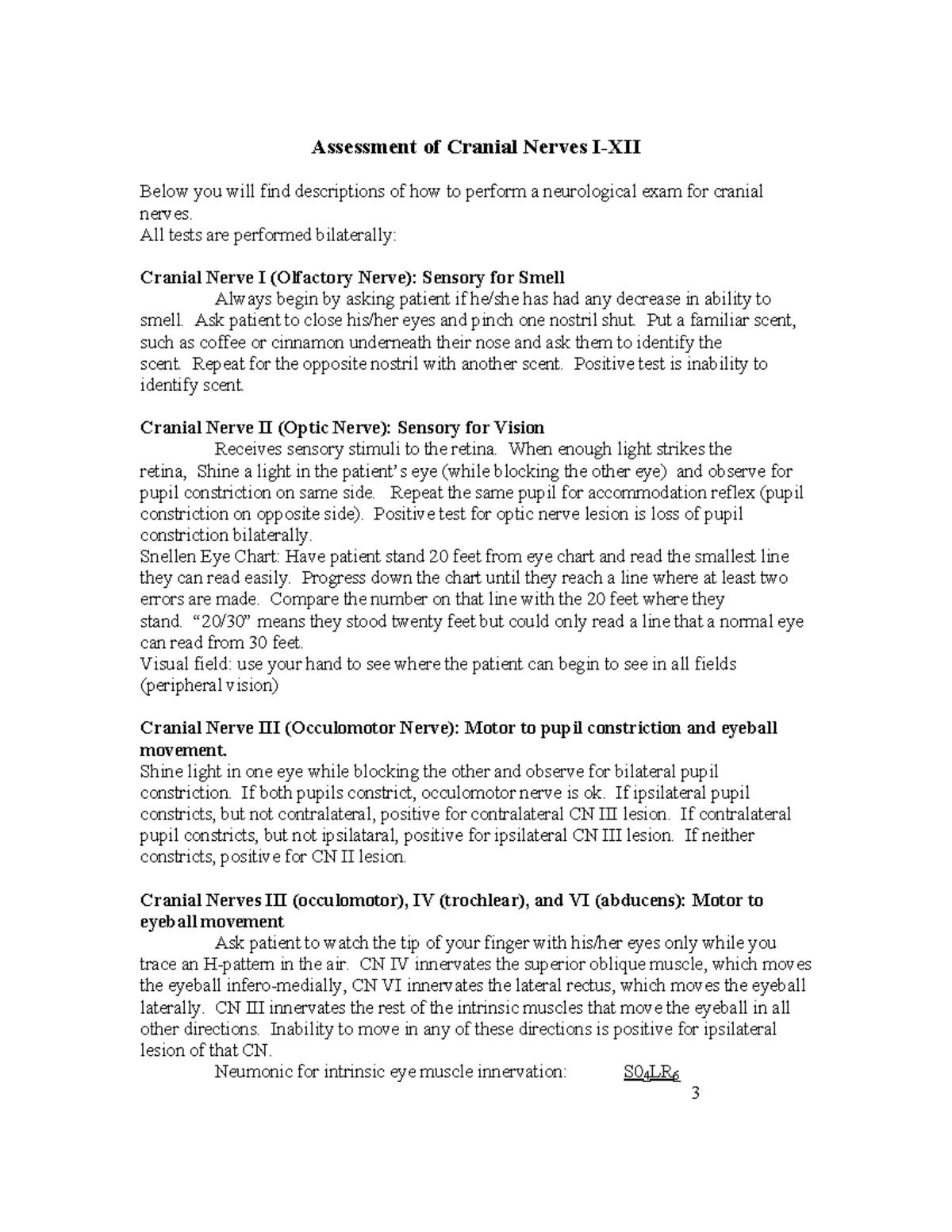 Cranial Nerve Lab - Final notes - Assessment of Cranial Nerves Below ...