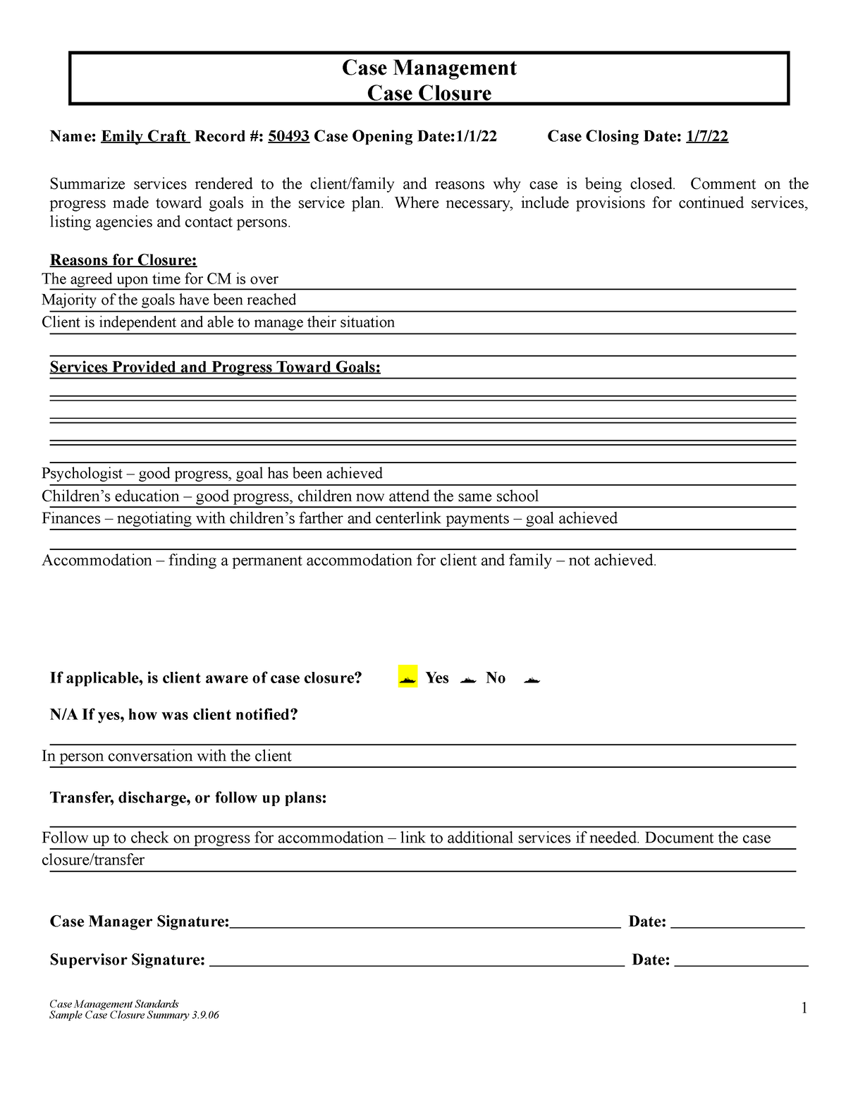 Week 5 case closure form - Name: Emily Craft Record #: 50493 Case ...