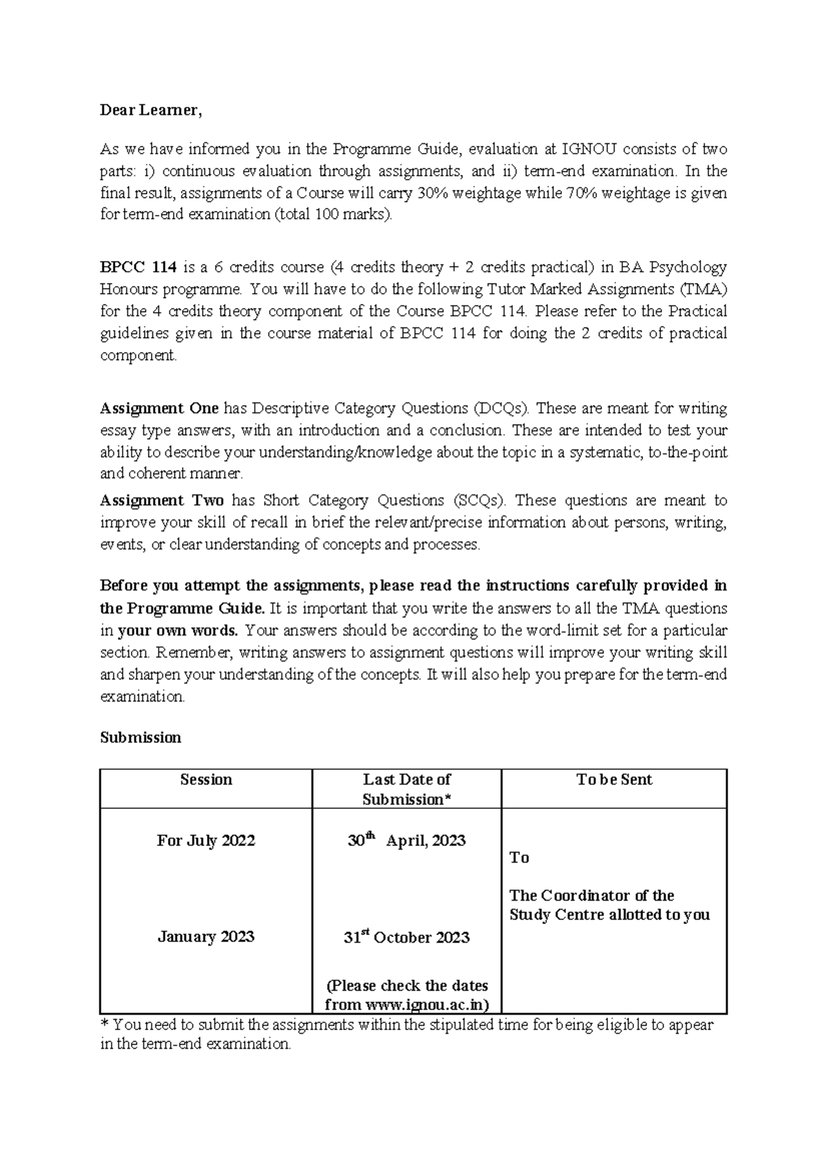 BPCC 114-July 2022-2023- Bapch Assignment-Swati - Dear Learner, As we ...