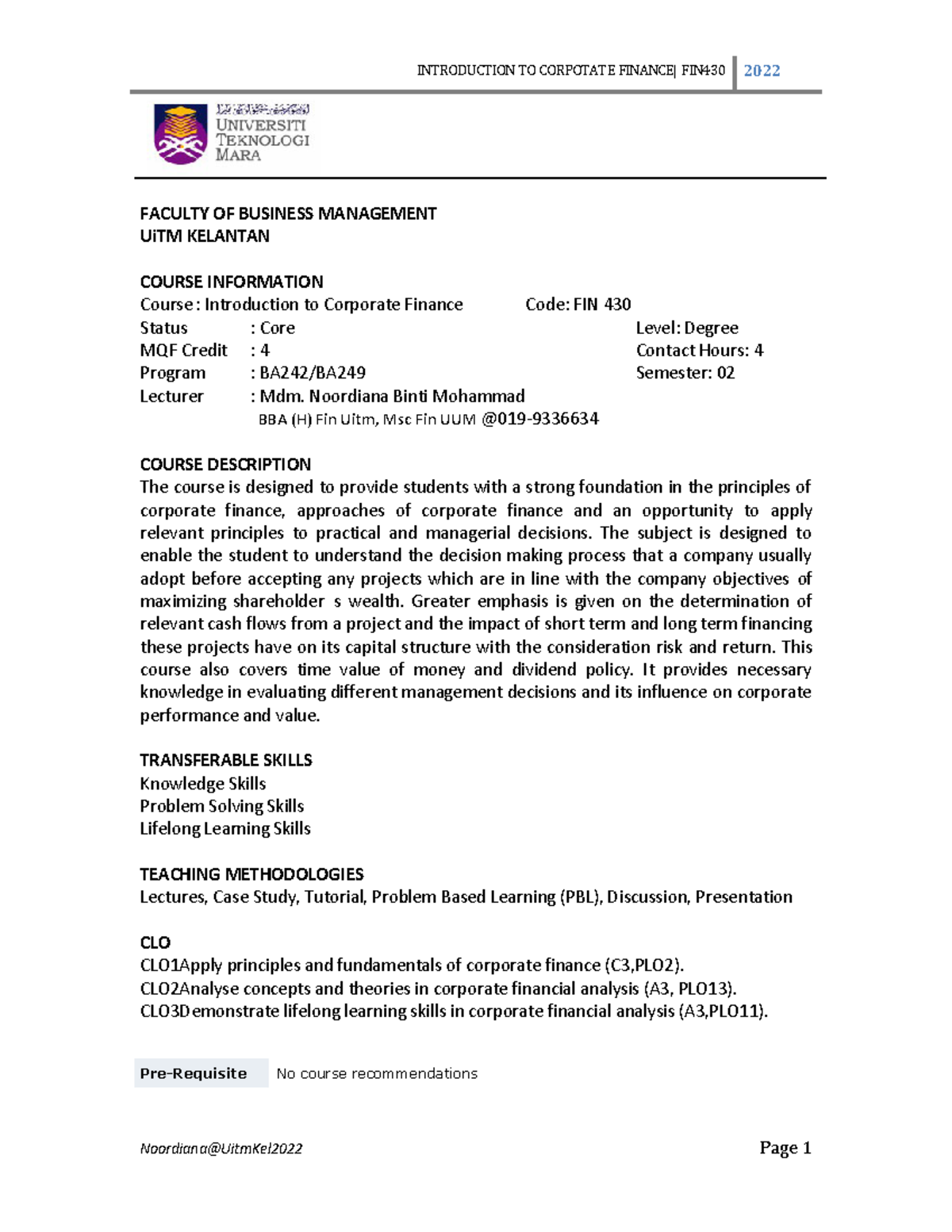 Course Info FIN430 2022 - FACULTY OF BUSINESS MANAGEMENT UiTM KELANTAN ...