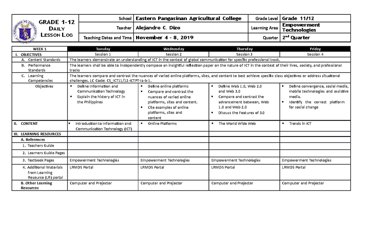 Dll Empowerment Technologies Week 1 - GRADE 1- DAILY LESSON LOG School ...