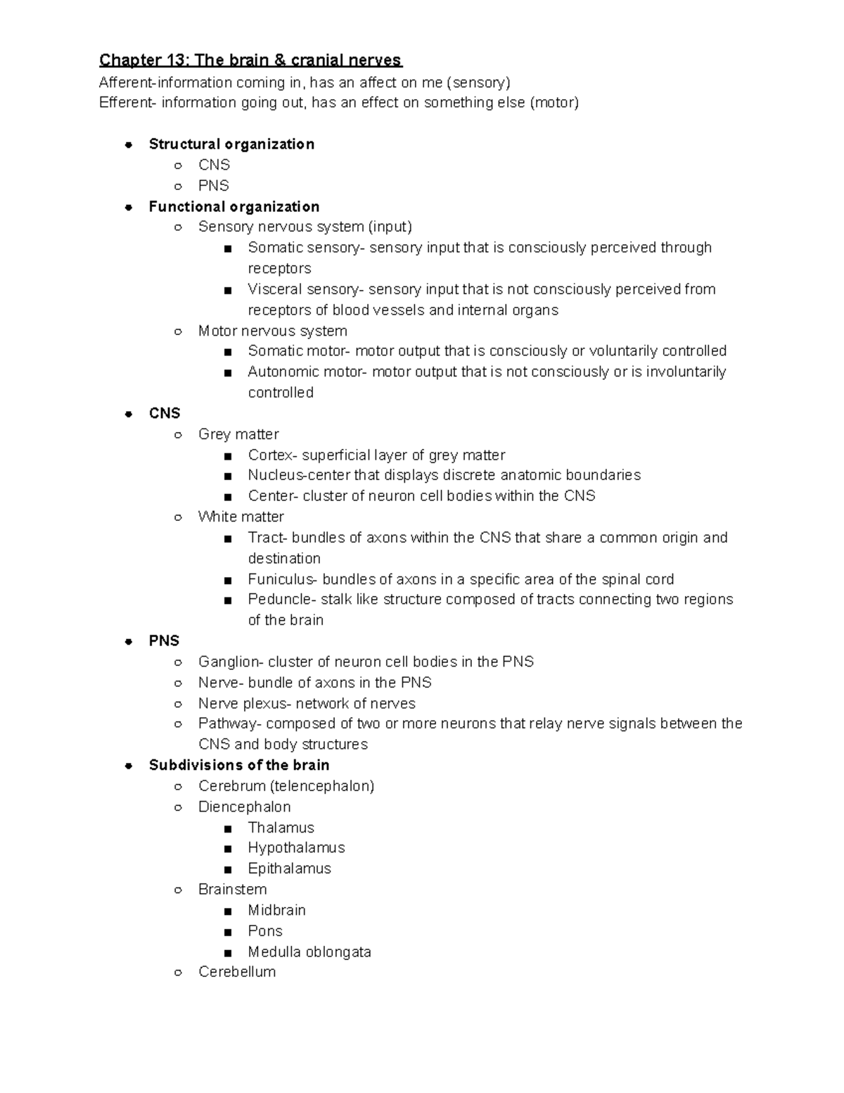 Chapter 13 The brain & cranial nerves - Chapter 13: The brain & cranial ...