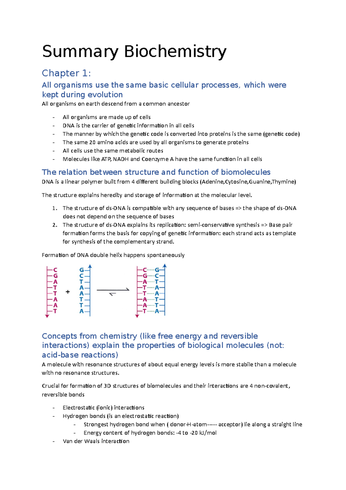 Biochemistry summary Biochemie Summary Biochemistry Chapter 1 All