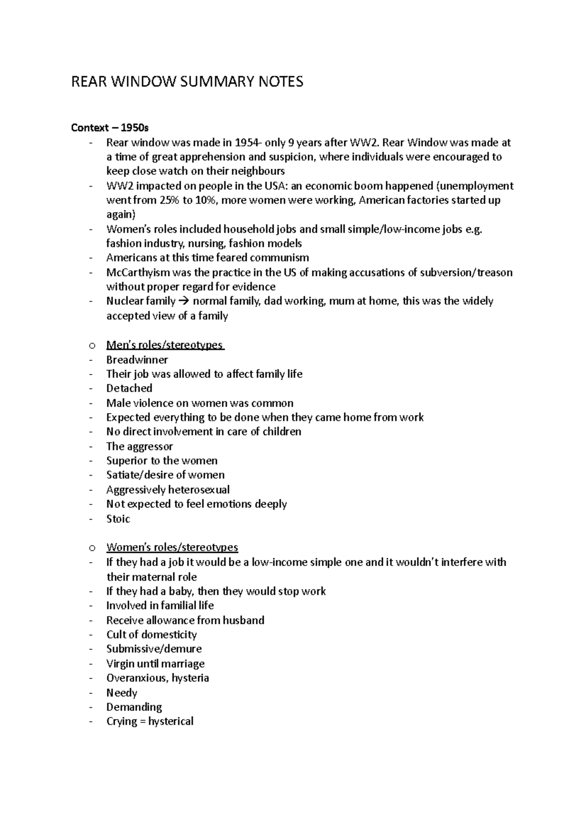 REAR Window Summary Notes REAR WINDOW SUMMARY NOTES Context 1950s