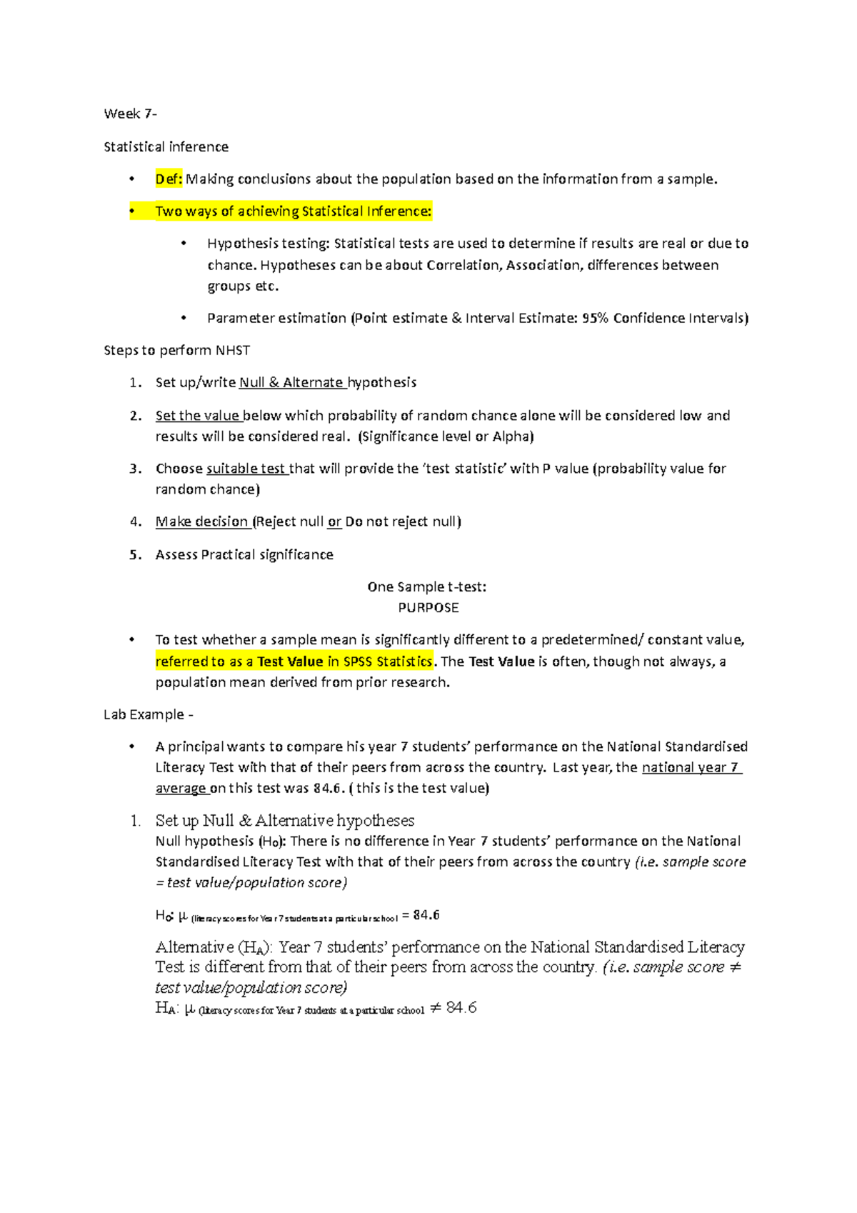 Week 7 - Summary notes - Week 7- Statistical inference - Def: Making ...