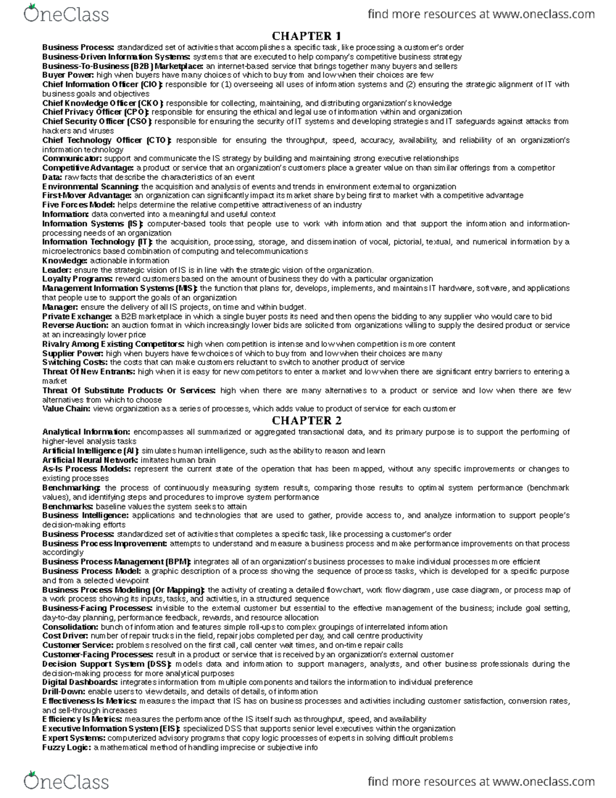 ITM 100 All chapter notes - CHAPTER 1 Business Process: standardized ...
