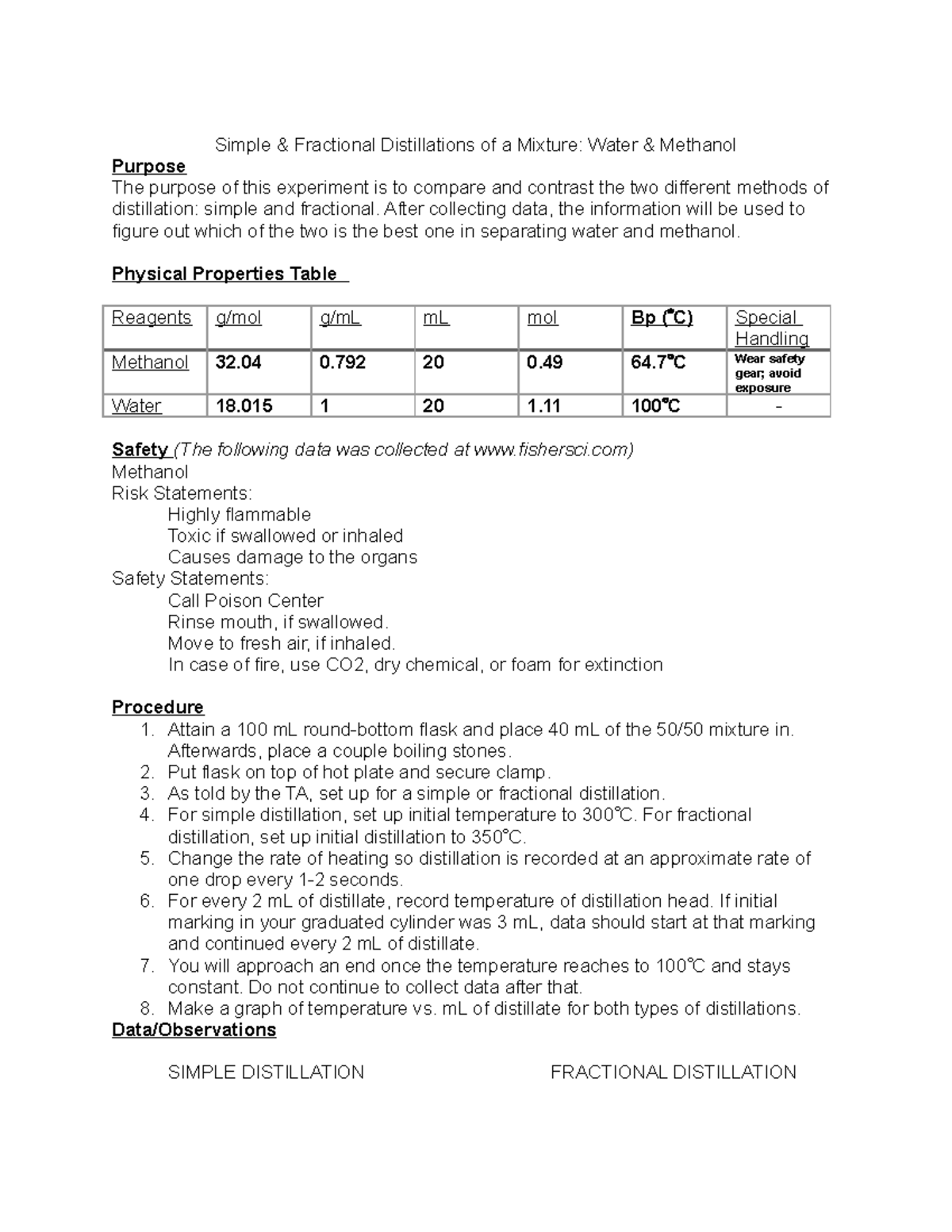 Exp 1 - First experiment - Simple & Fractional Distillations of a ...