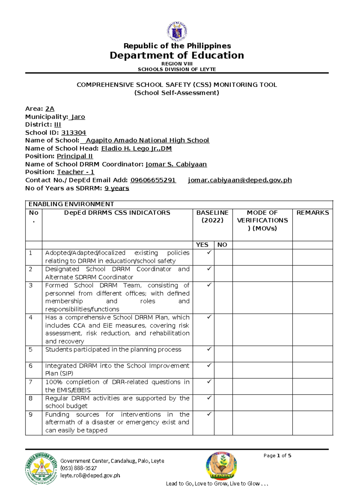 DRRM Comprehensive School Safety Monitoring Tool - Page 1 of 5 Lead to ...