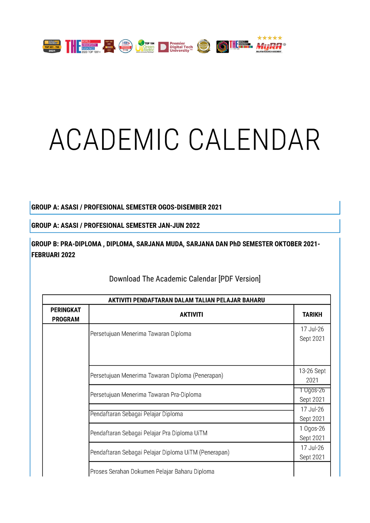 Academic Calendar for uitm malaysia ACADEMIC CALENDAR AKTIVITI