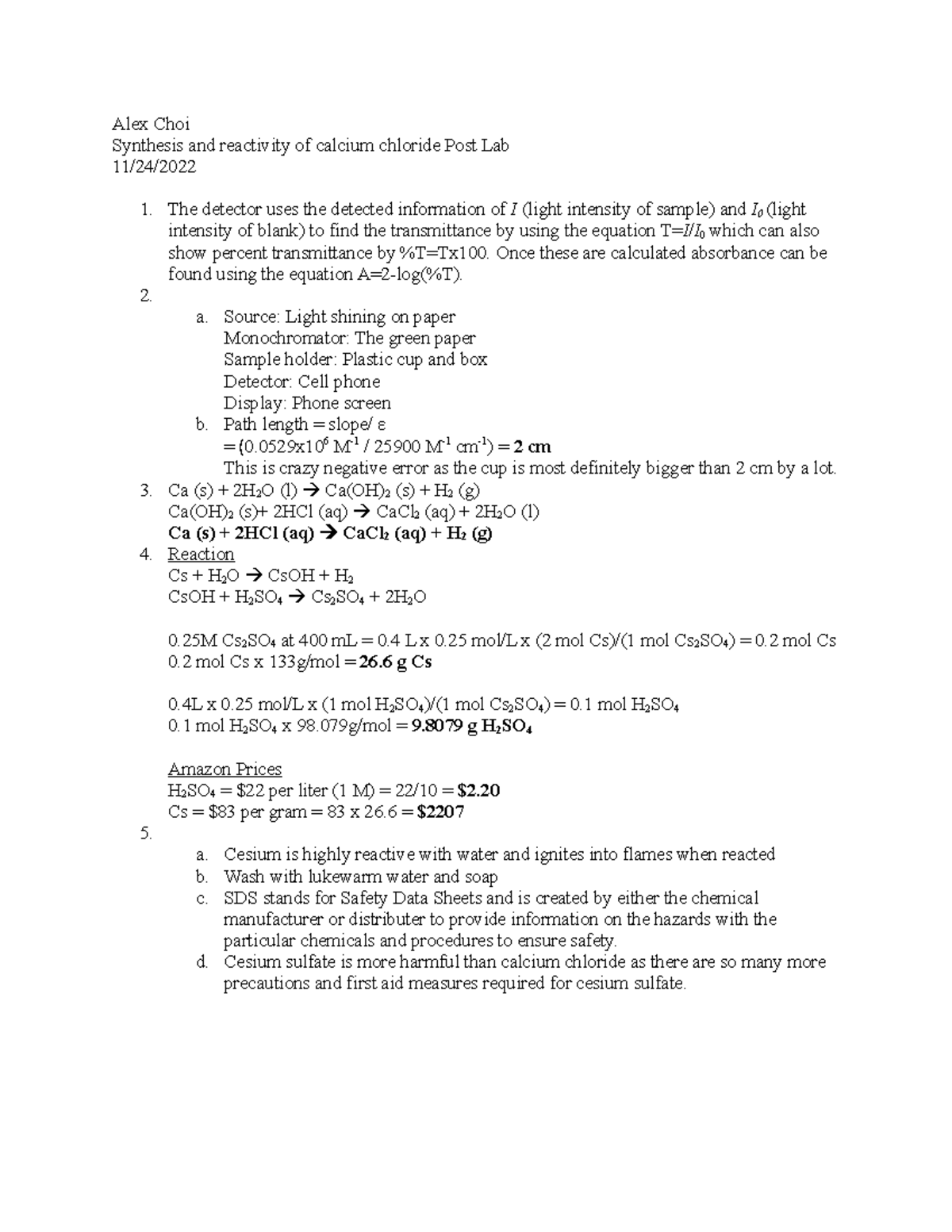 Calcium chloride and alginate Post Lab Alex Choi Synthesis and