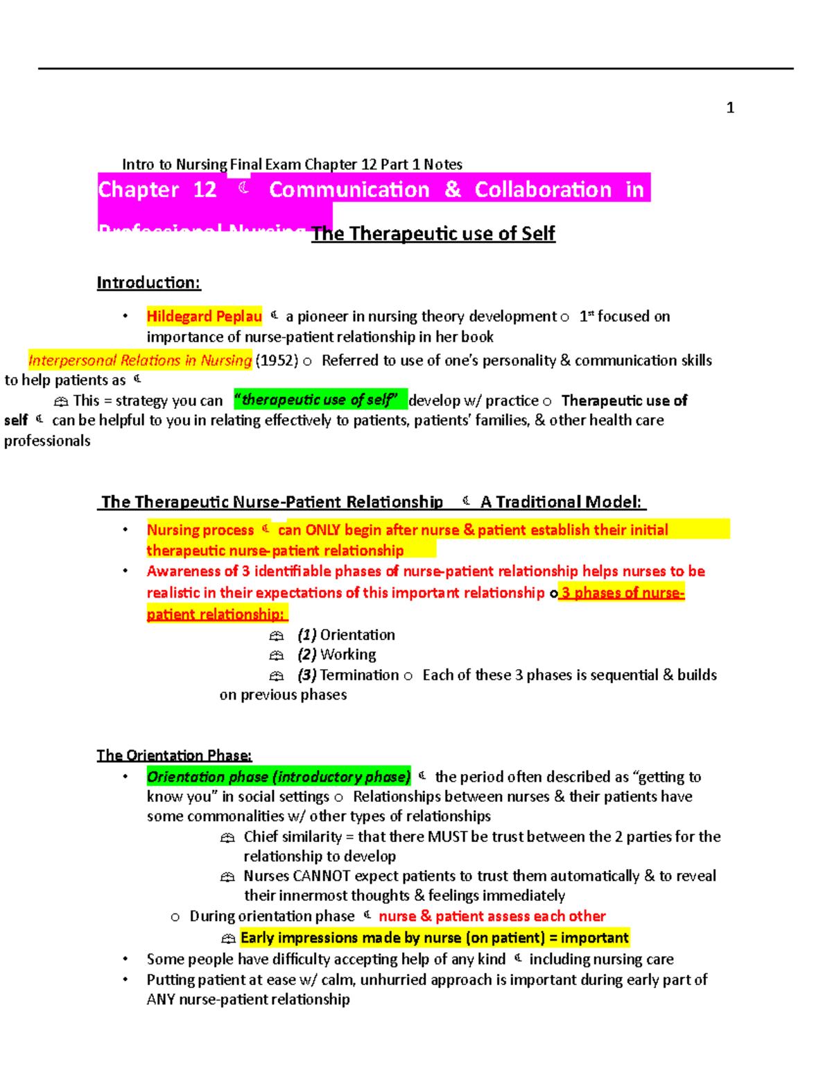 Intro to Nursing Final Exam Chap 12 Part 1 Notes ediiii Intro to