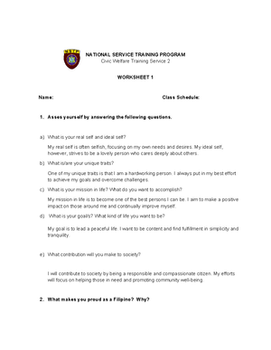 Worksheet 3 NSTP 2 - NATIONAL SERVICE TRAINING PROGRAM CIVIC WELFARE ...