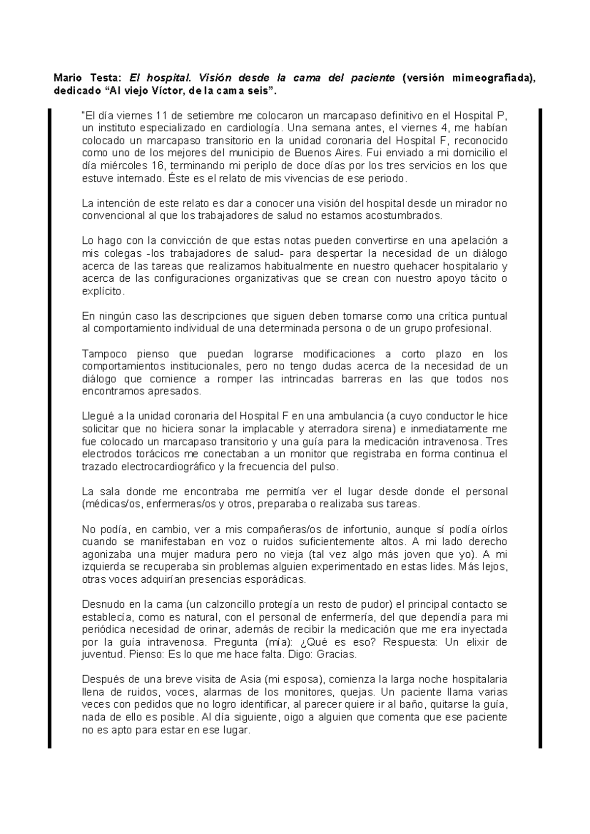 Desde la cama del paciente- Mario Testa - Mario Testa: El hospital ...