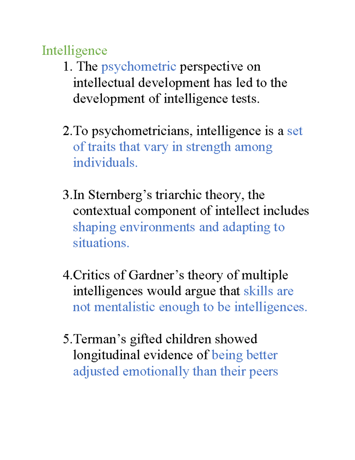 Intelligence - Lecture notes 5 - Intelligence 1. The psychometric