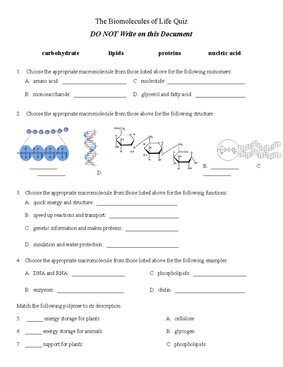 QUIZ. Biomolecules of Life. 9 The Biomolecules of Life Quiz DO NOT