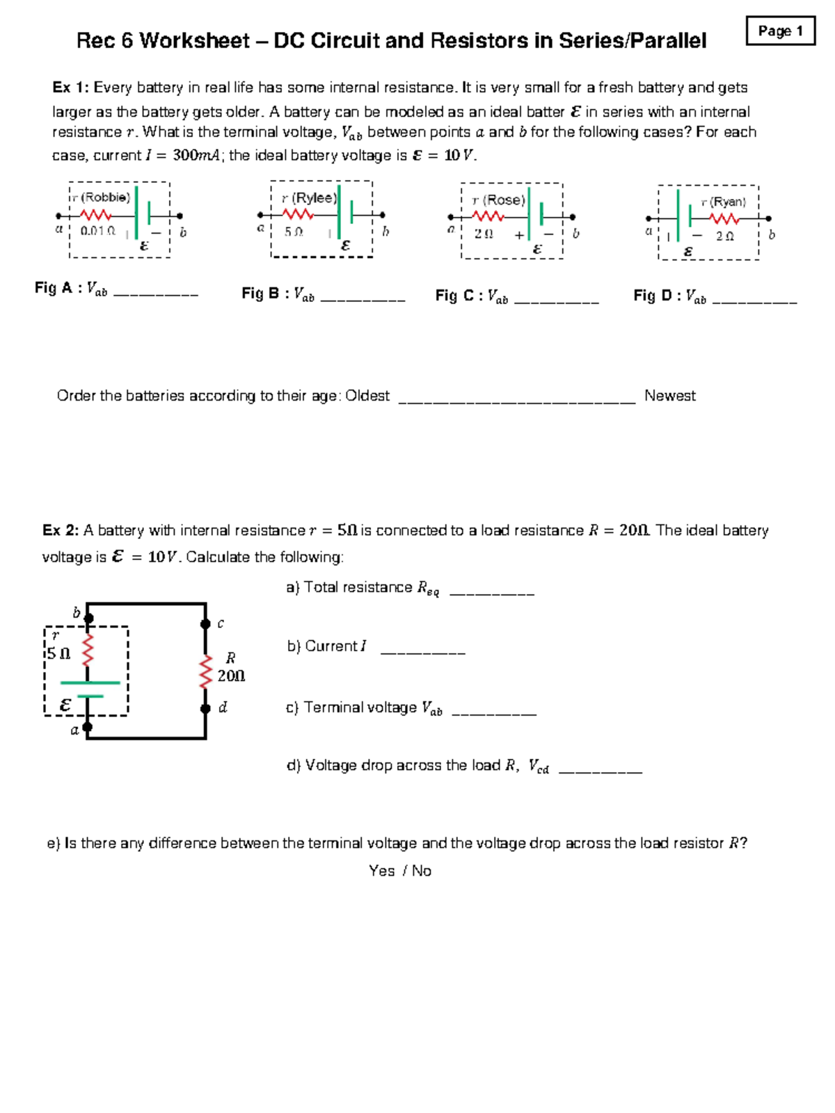 Rec 6 Ch18 resistors series parallel Rec 6 Worksheet DC Circuit and Resistors in Series