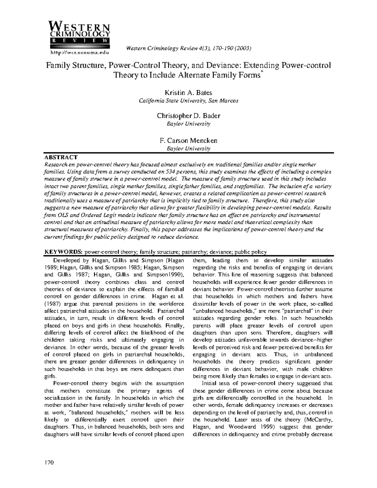 Powercontrol theory Western Criminology Review 4(3), 170190 (2003
