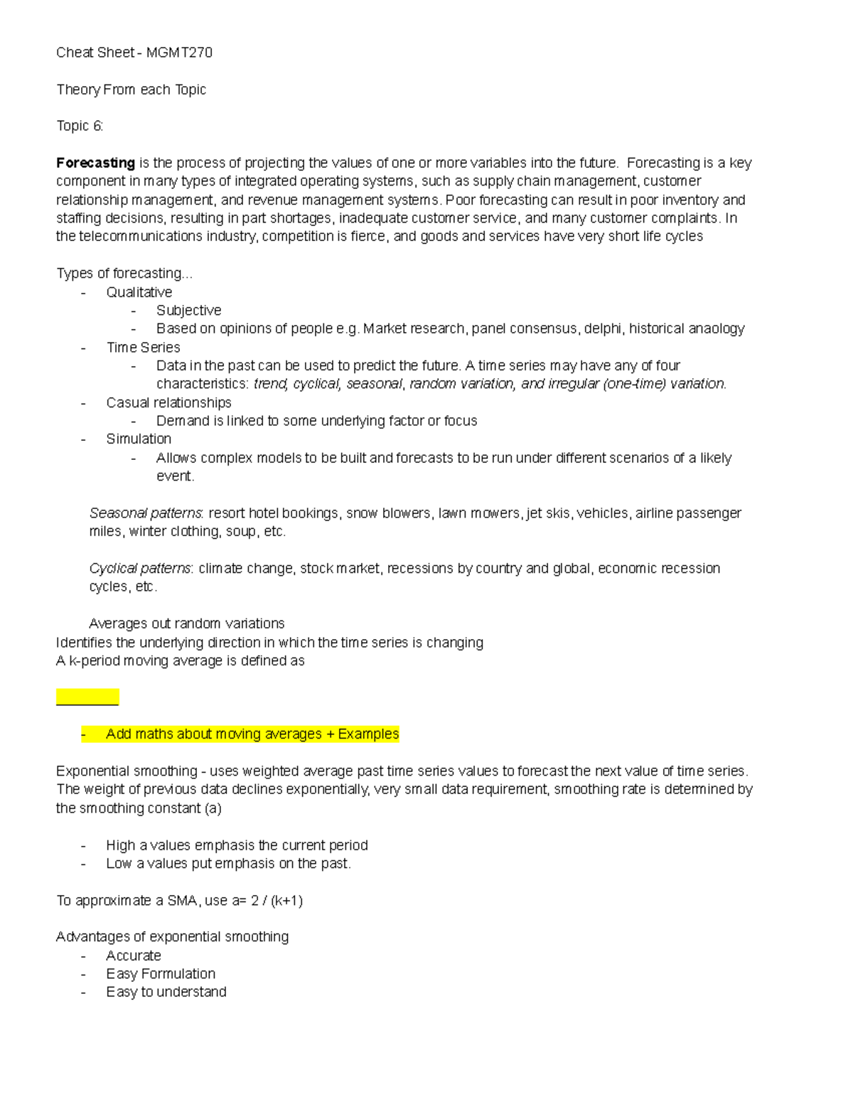 Mgmt cheat sheet - Summary Operations Management Processes - Cheat ...