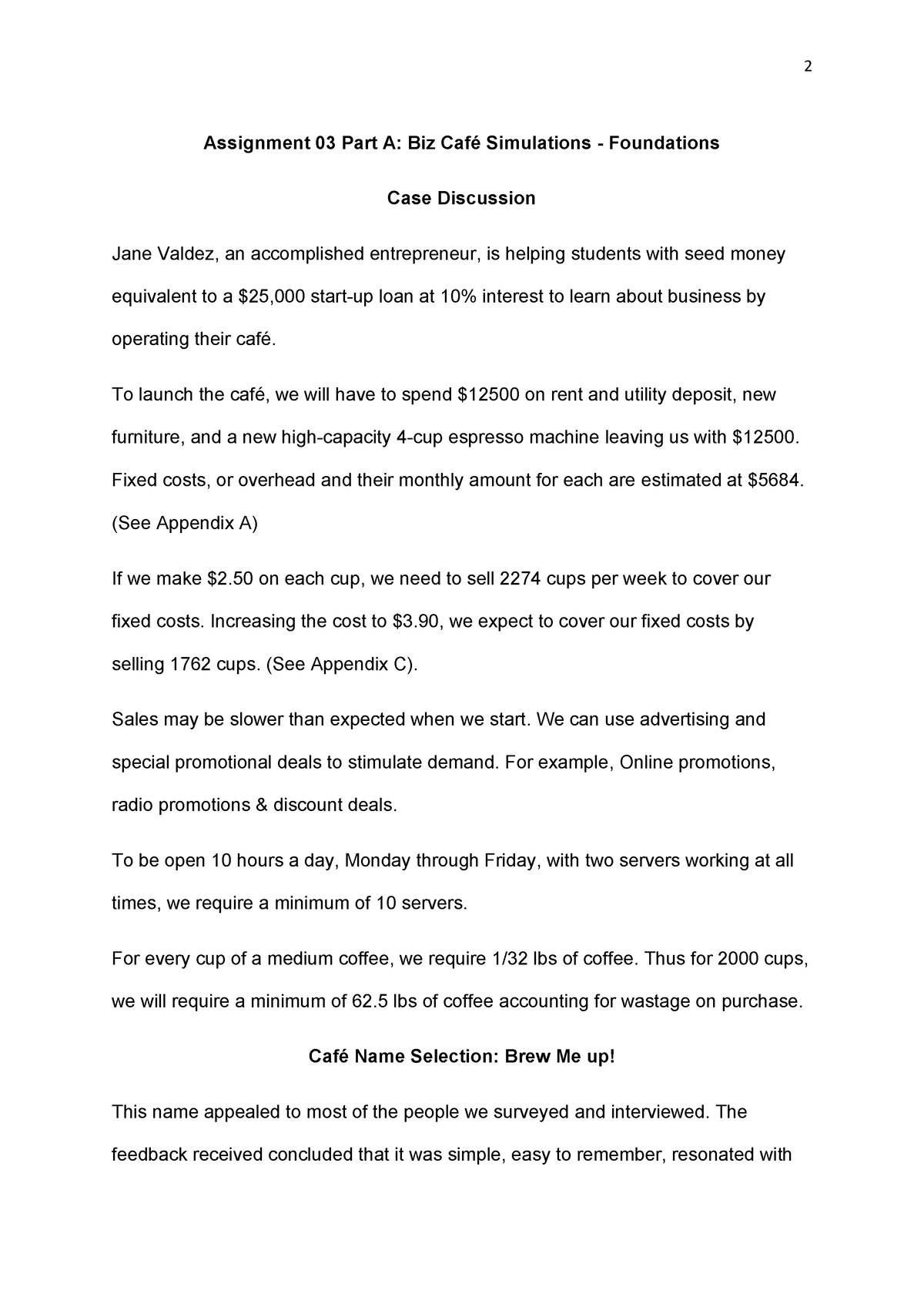 bizcafe income statement assignment