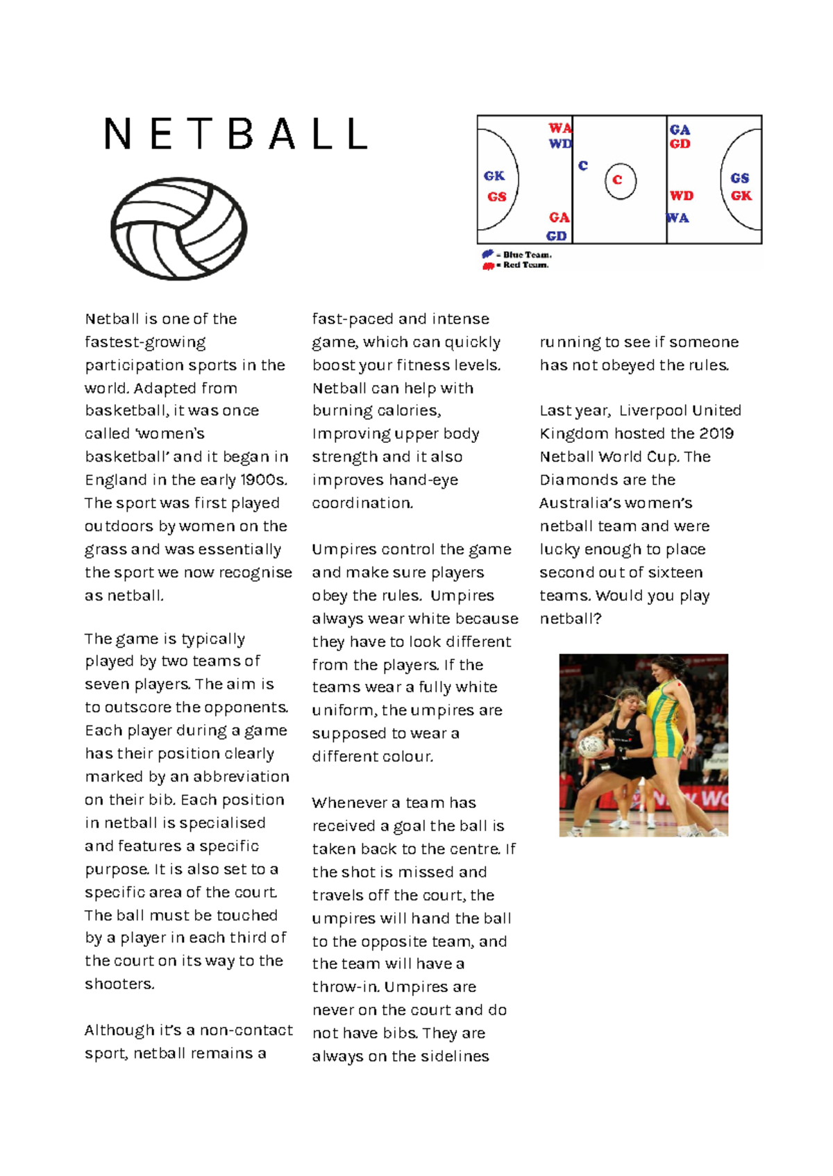 Netball - N E T B A L L Netball is one of the fastest-growing ...