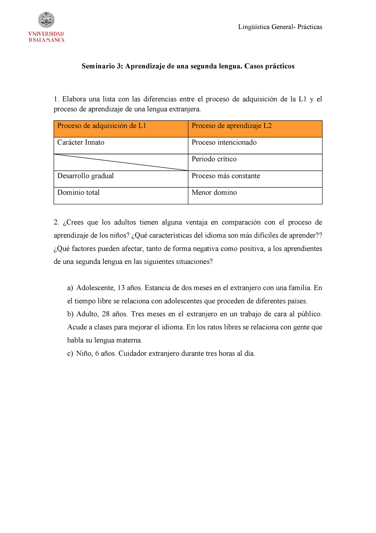 Ejercicios seminarios Aprendizaje de una 2ª lengua - Seminario 3:  Aprendizaje de una segunda lengua. - Studocu