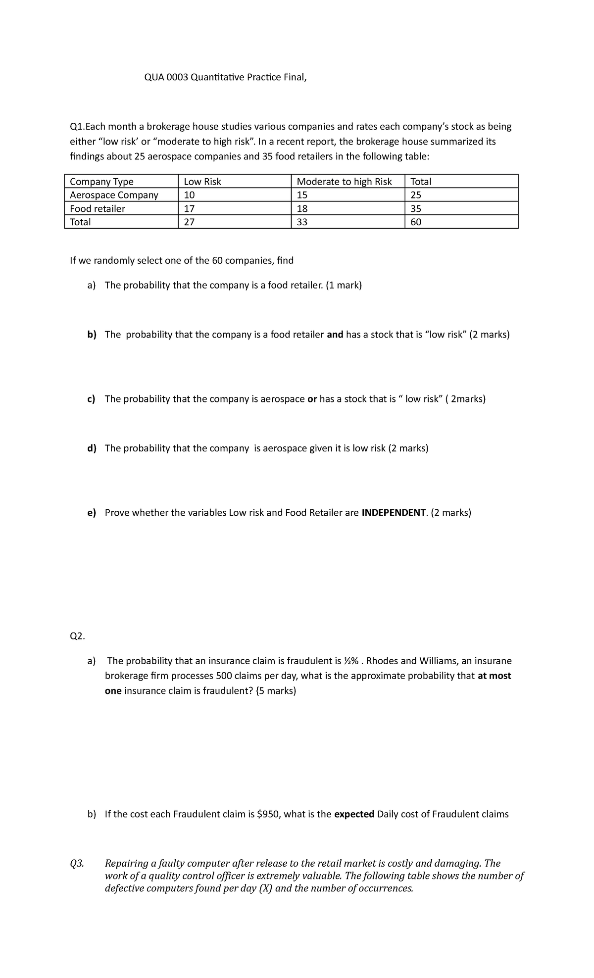 Test April 2018, questions - QUA 0003 Quantitative Practice Final, Q1 ...
