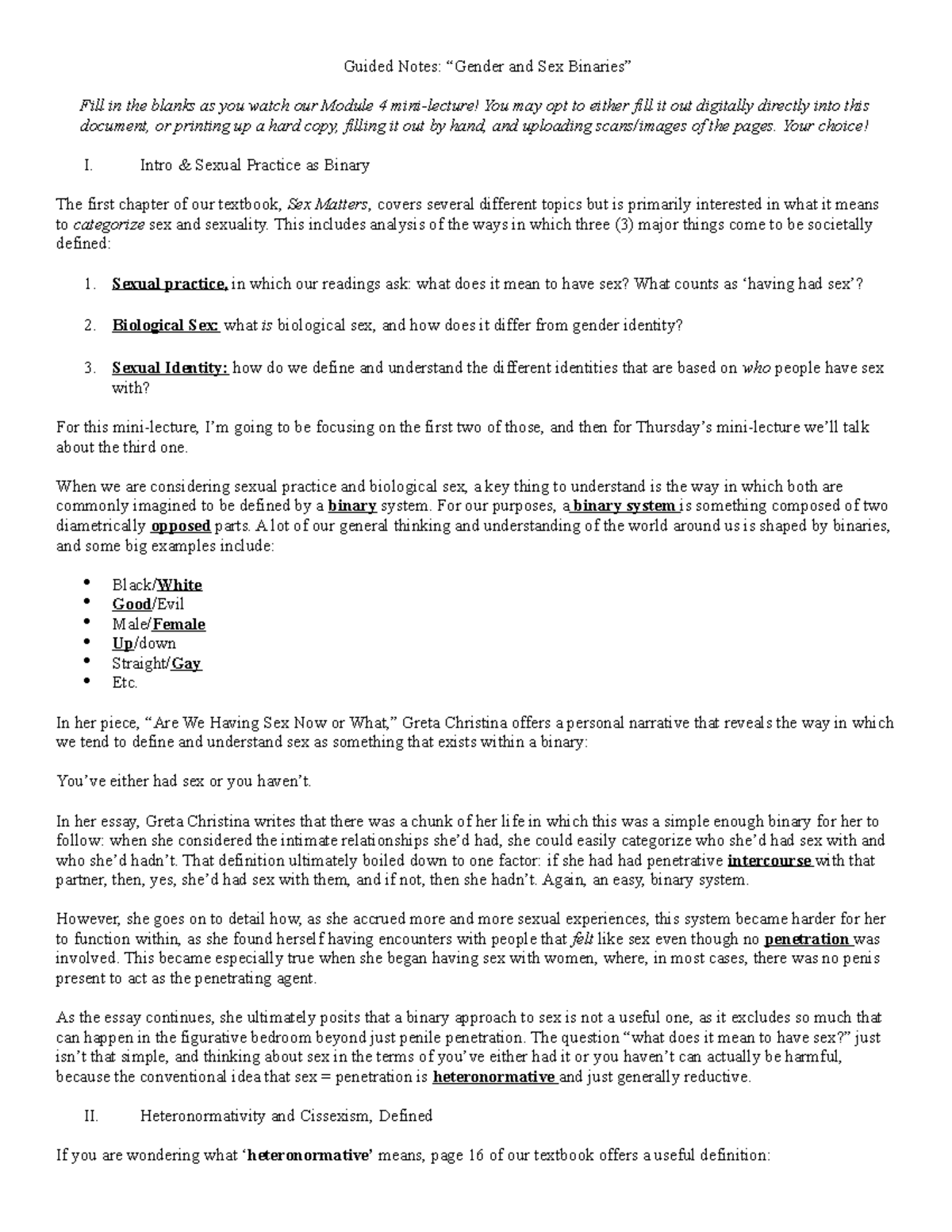 Guided Notes 1160 Gender Sex Guided Notes “gender And Sex Binaries” Fill In The Blanks As You 6136