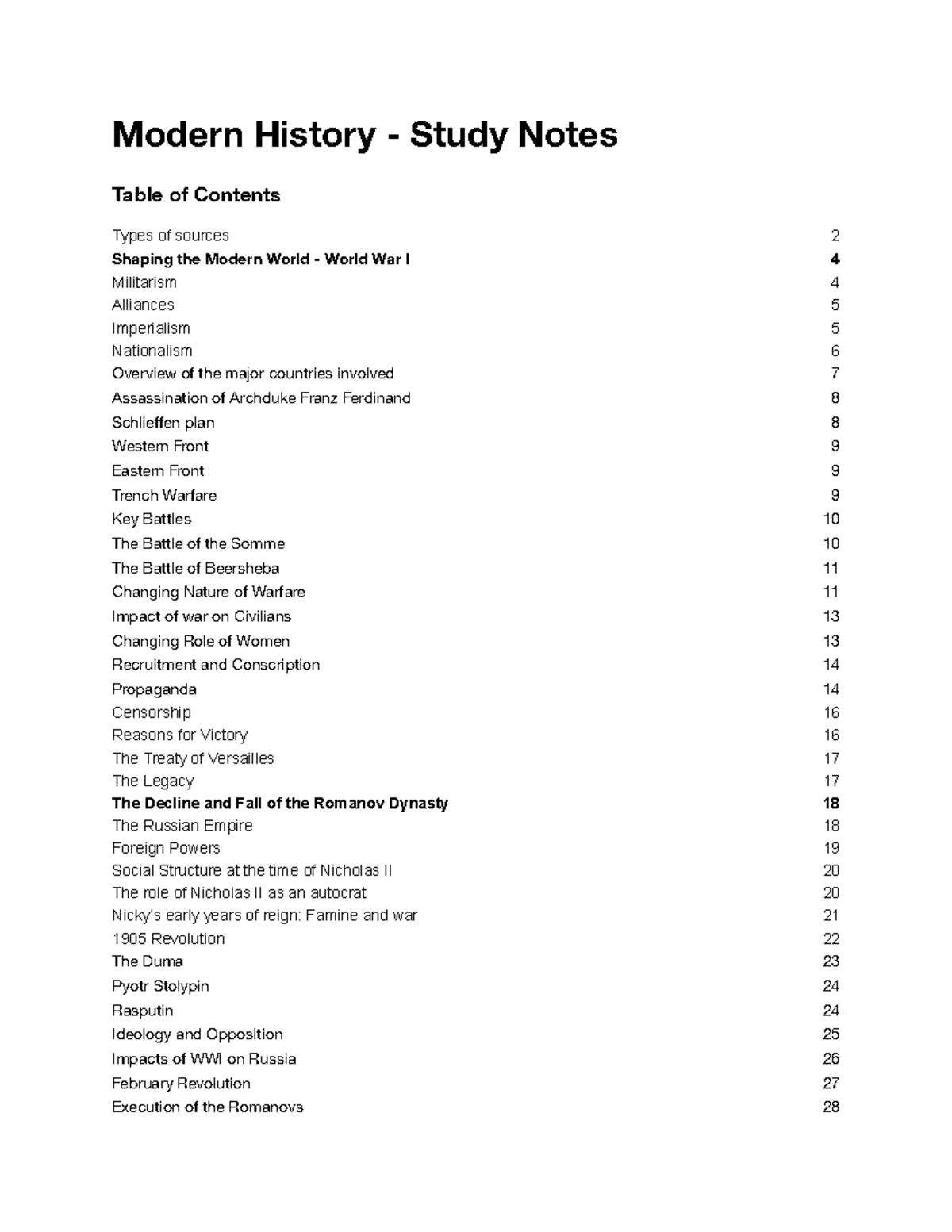 Study Notes - Modern History - Study Notes Types of sources Table of ...