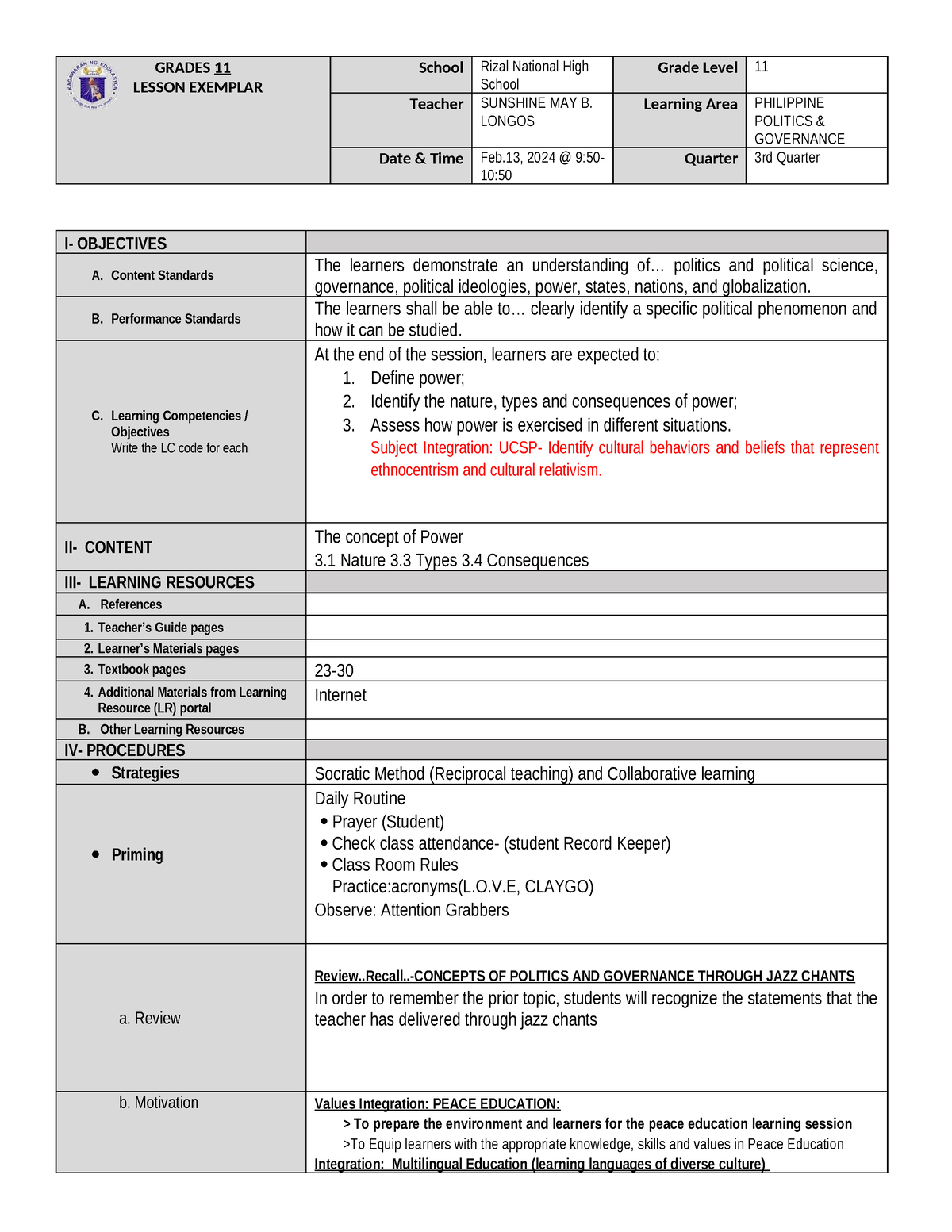 DLPLongos -Power-2024 - GRADES 11 LESSON EXEMPLAR School Rizal National ...