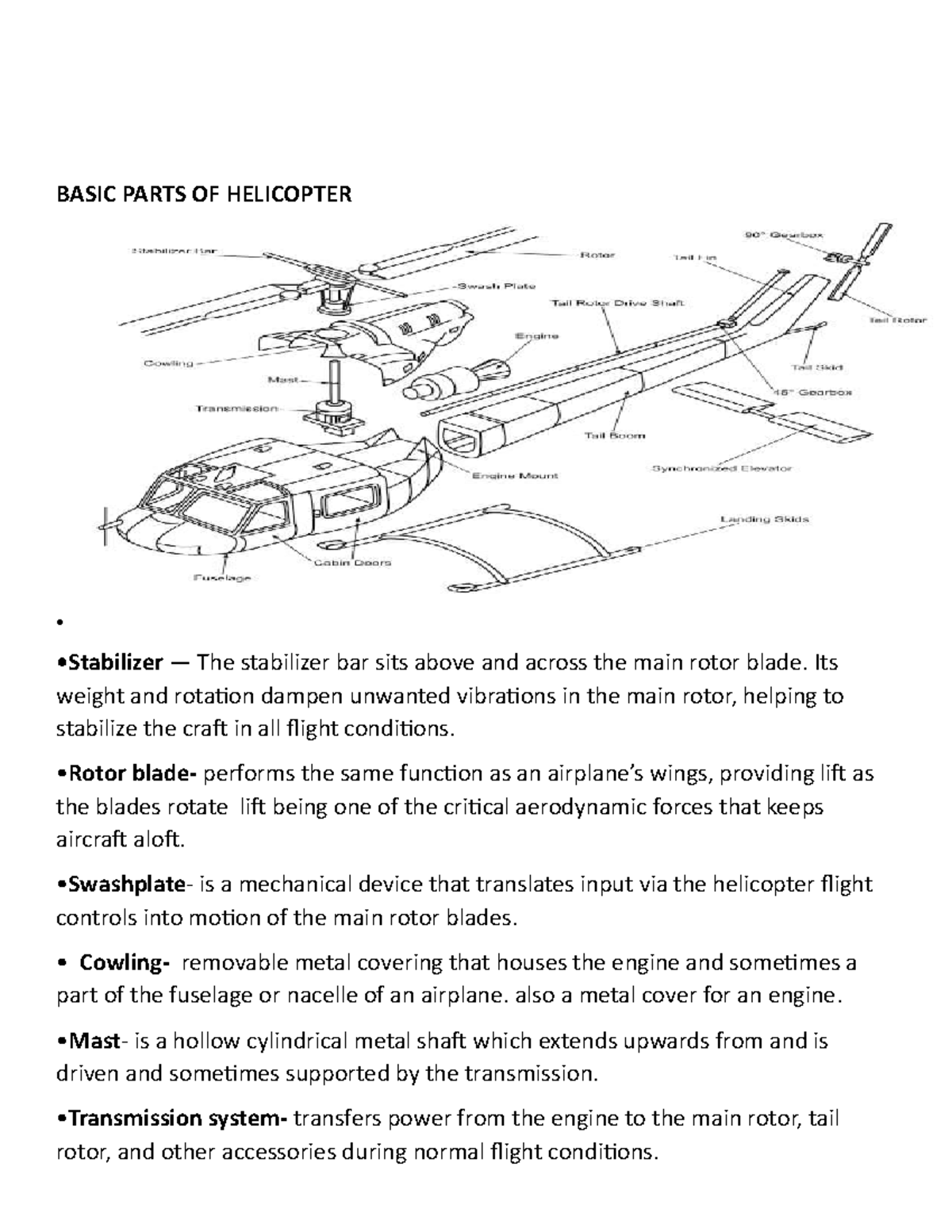 Helicopter AMT 224 - Practice - BASIC PARTS OF HELICOPTER •Stabilizer ...