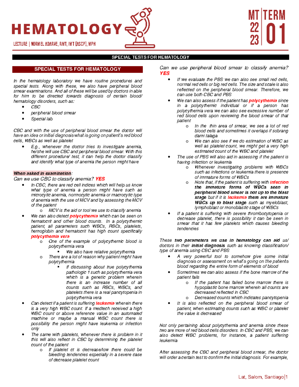 LEC 3 Special Tests FOR Hematology PART 1 LECTURE Normel Adarve
