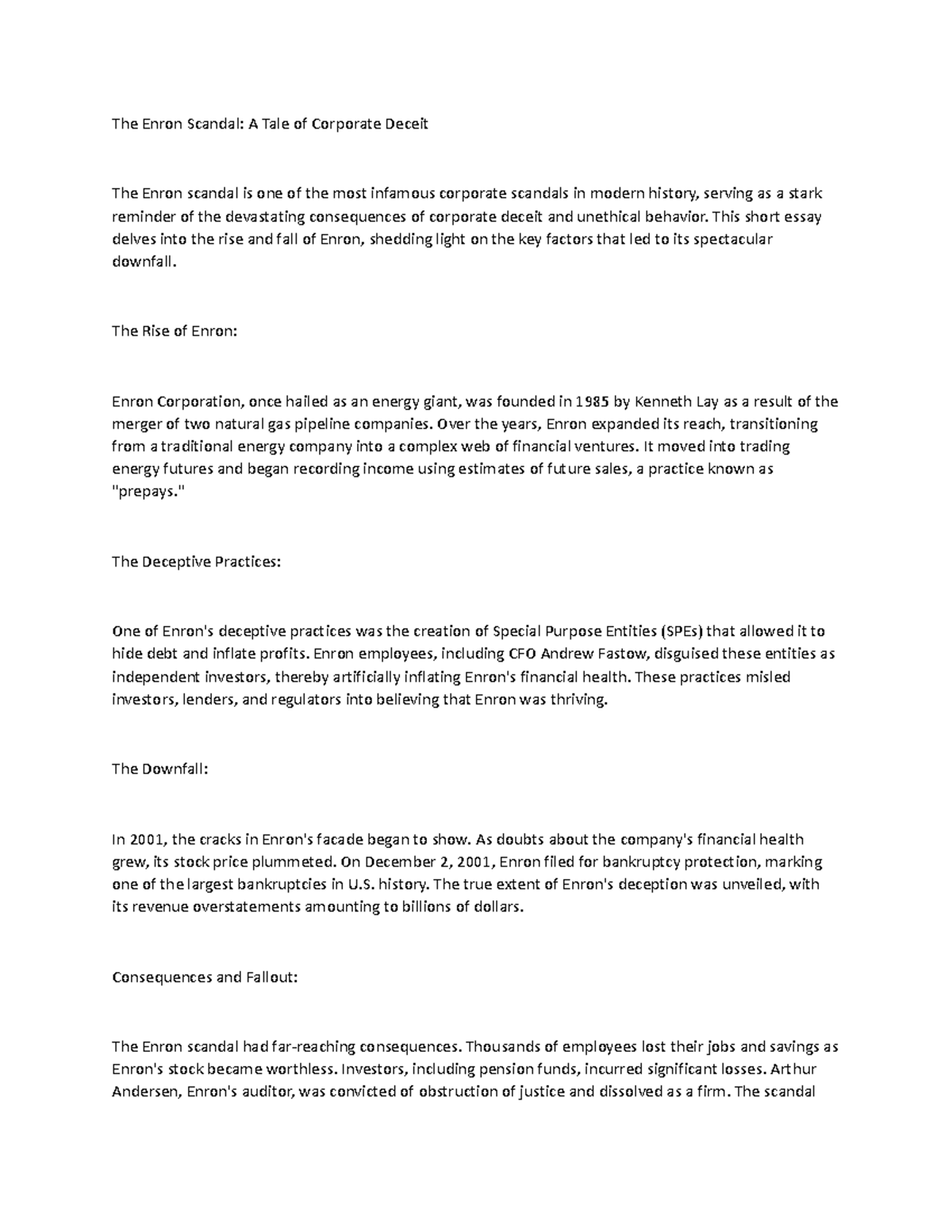 enron scandal one page essay