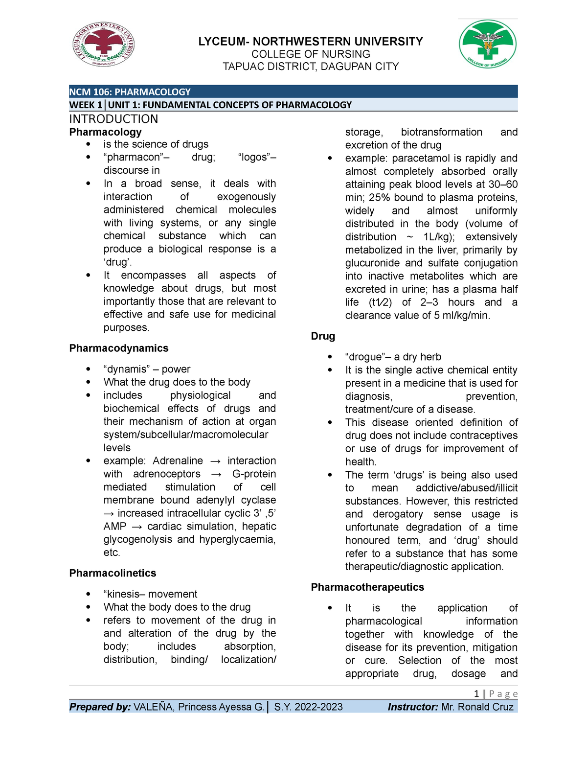 Pharmacology - NCM_106 - LYCEUM- NORTHWESTERN UNIVERSITY COLLEGE OF ...