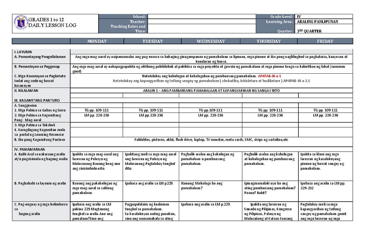 DLL Araling Panlipunan 4 Q3 W1 - GRADES 1 to 12 DAILY LESSON LOG School ...