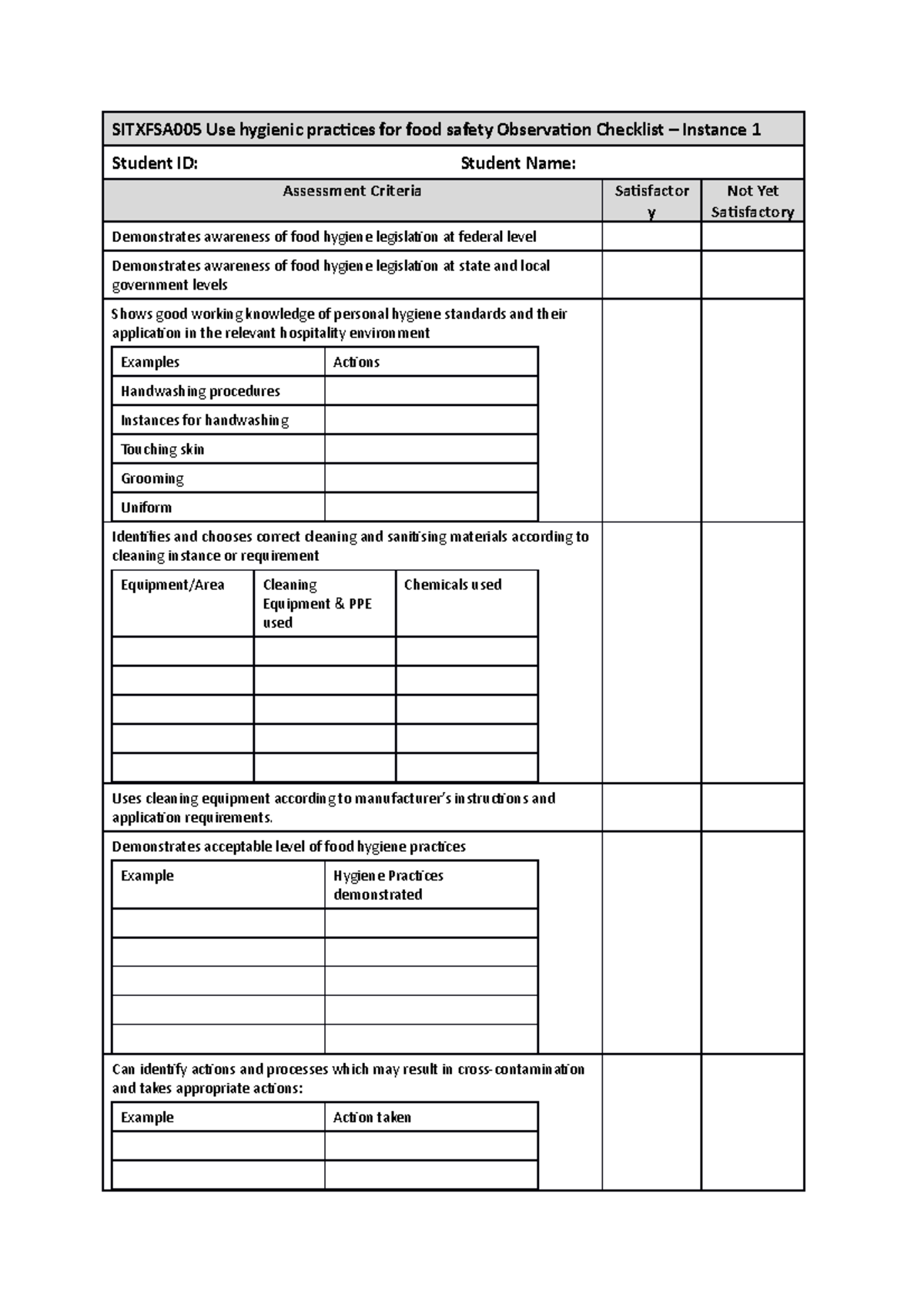 Sitxfsa 005 Use hygienic practices for food safety Observation Template ...