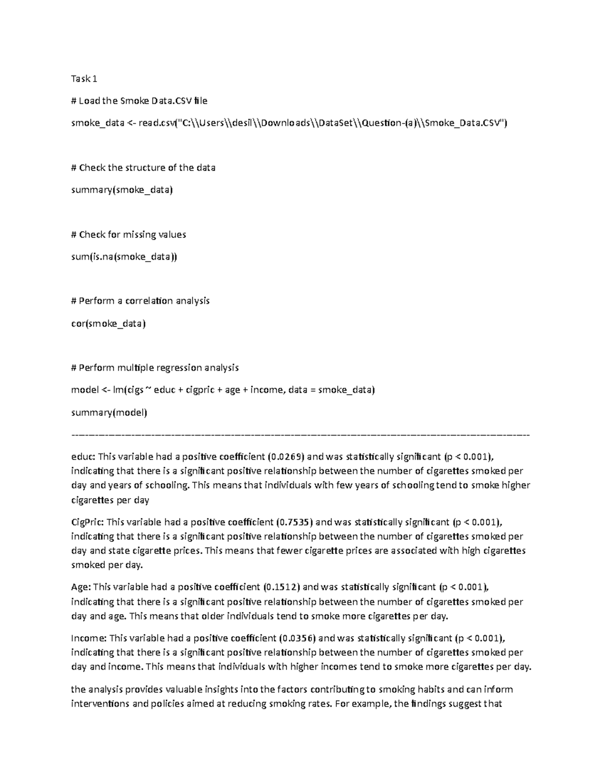 Data analytics using r note - Task 1 Load the Smoke Data file smoke_data