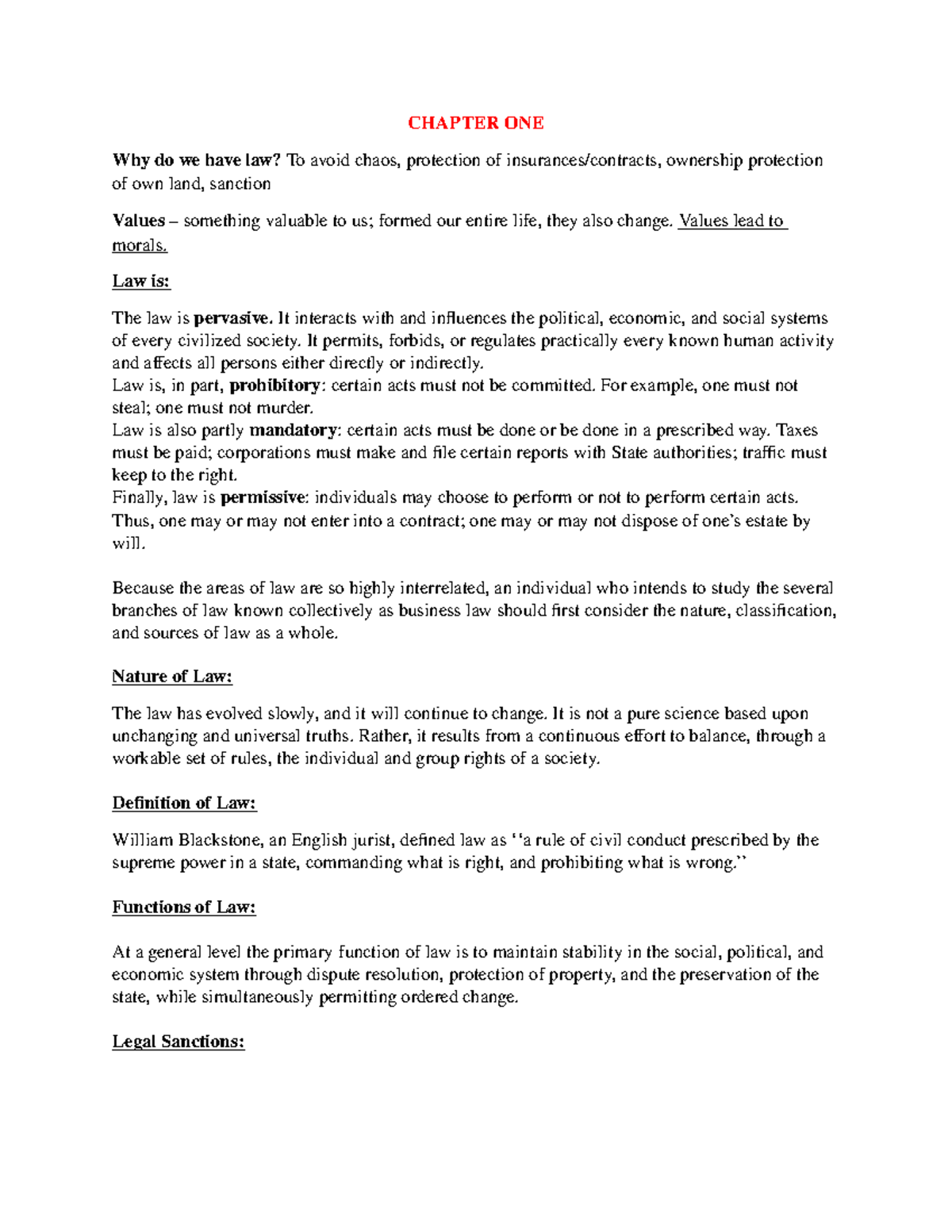 BLW 201 Midterm Exam Notes - CHAPTER ONE Why do we have law? To avoid ...