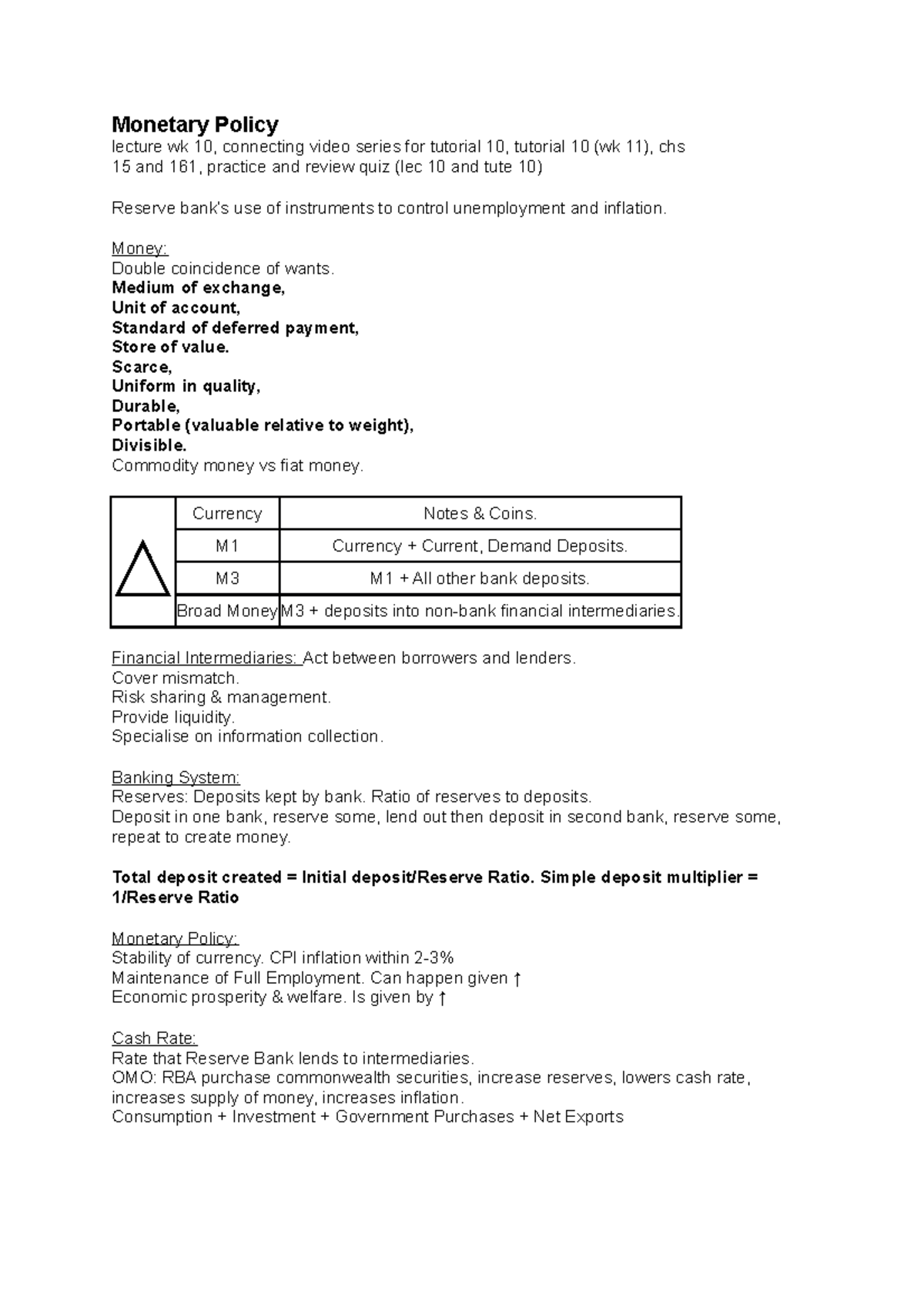 Study Notes for the final exam - Monetary Policy lecture wk 10 ...