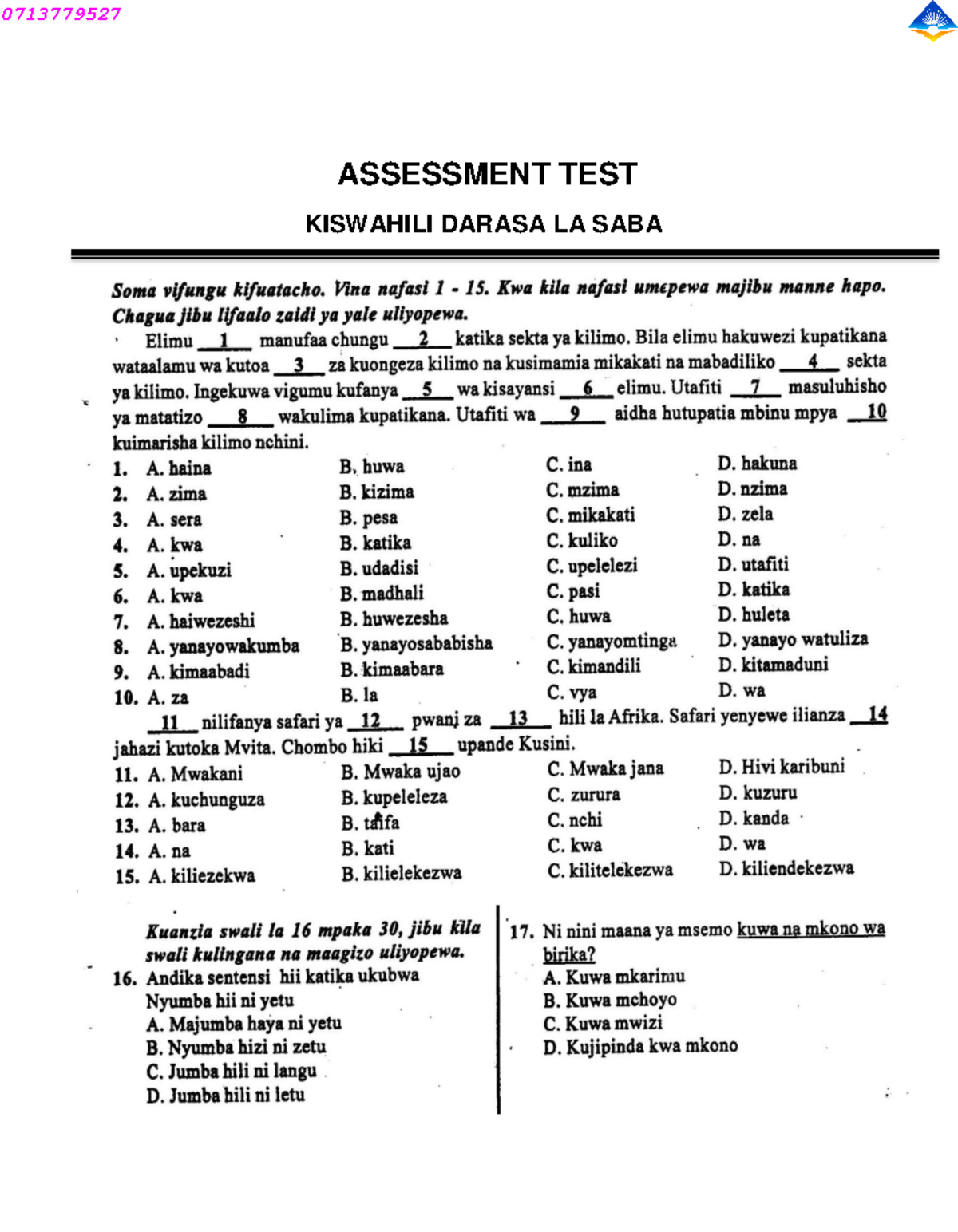 STD 7 Kiswahili-1 - notes - ASSESSMENT TEST ####### KISWAHILI DARASA LA ...