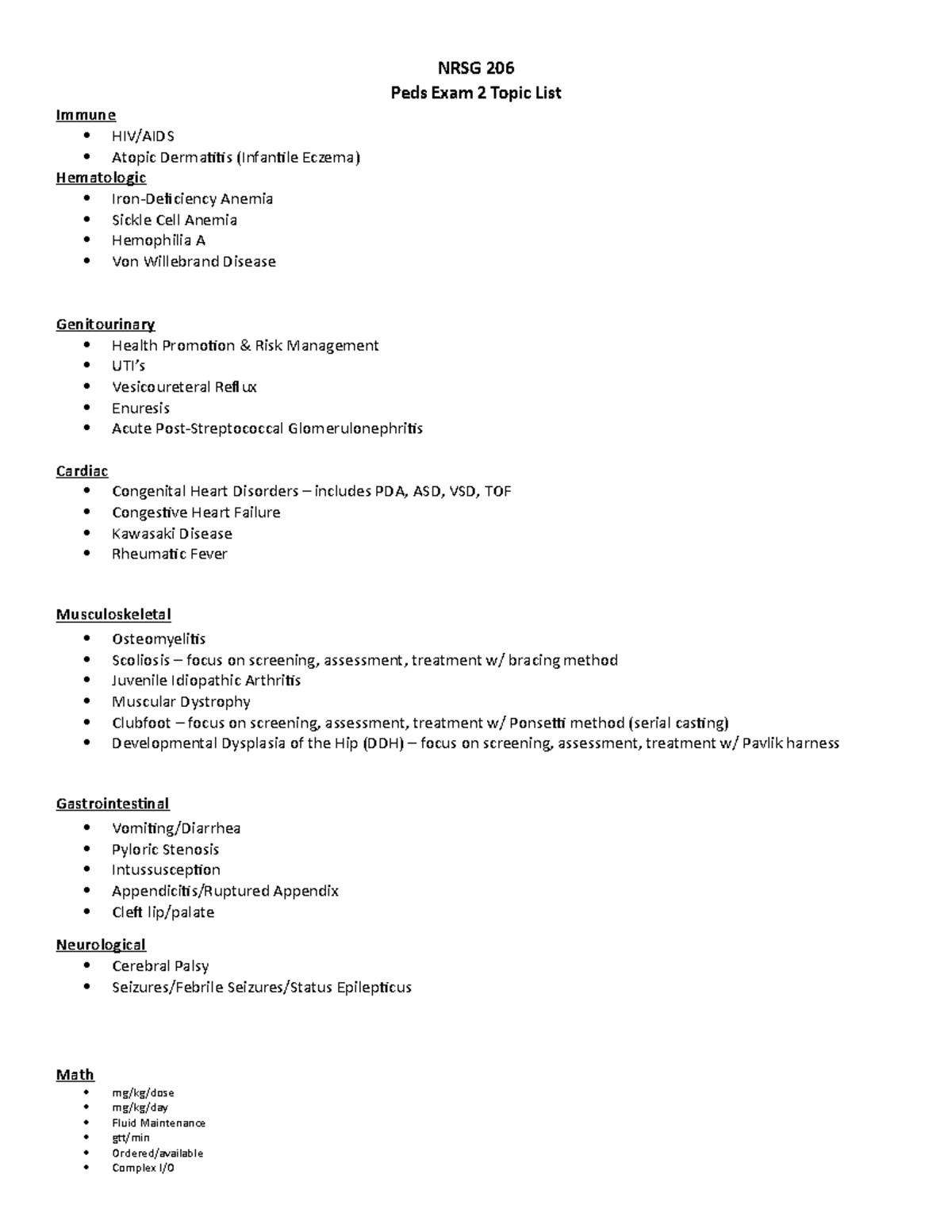 Peds Exam 2 - Topics list-3 - NRSG 206 Peds Exam 2 Topic List Immune ...